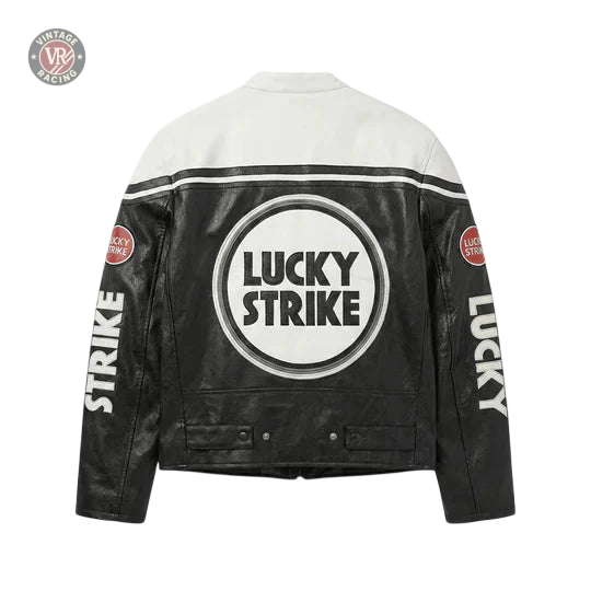 The Lucky Strike Vintage Racing Leather Jacket - White & Black Edition features bold LUCKY STRIKE text inside a circle on the back, "LUCKY" and "STRIKE" on the sleeves, and red circular Lucky Strike logos on the upper arms.