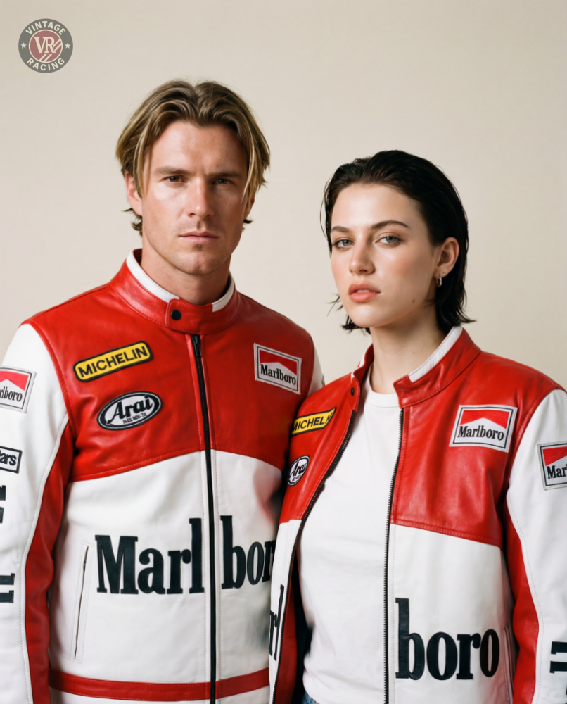A man and woman stand side by side in matching Marlboro Racing Leather Jackets with sponsor patches, channeling classic retro motorsport style against a plain background.