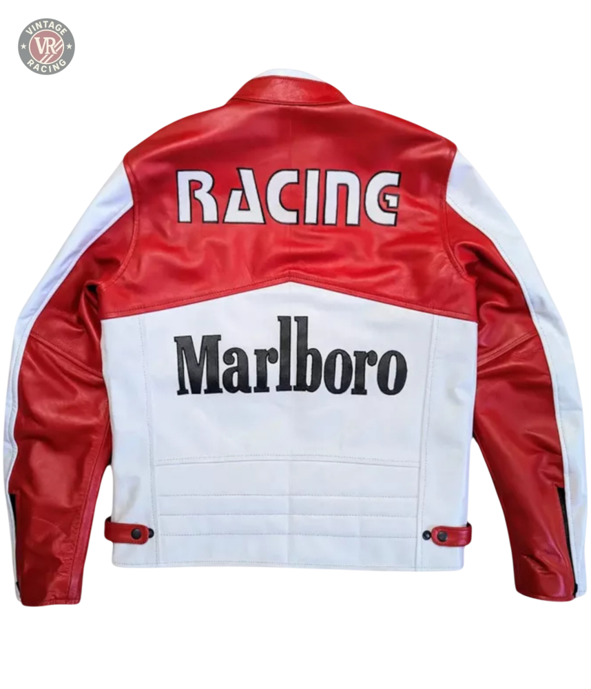 The Marlboro Racing Leather Jacket features red and white leather, bold “RACING” on the upper back, “Marlboro” on the lower back, and captures retro 90s F1 style.
