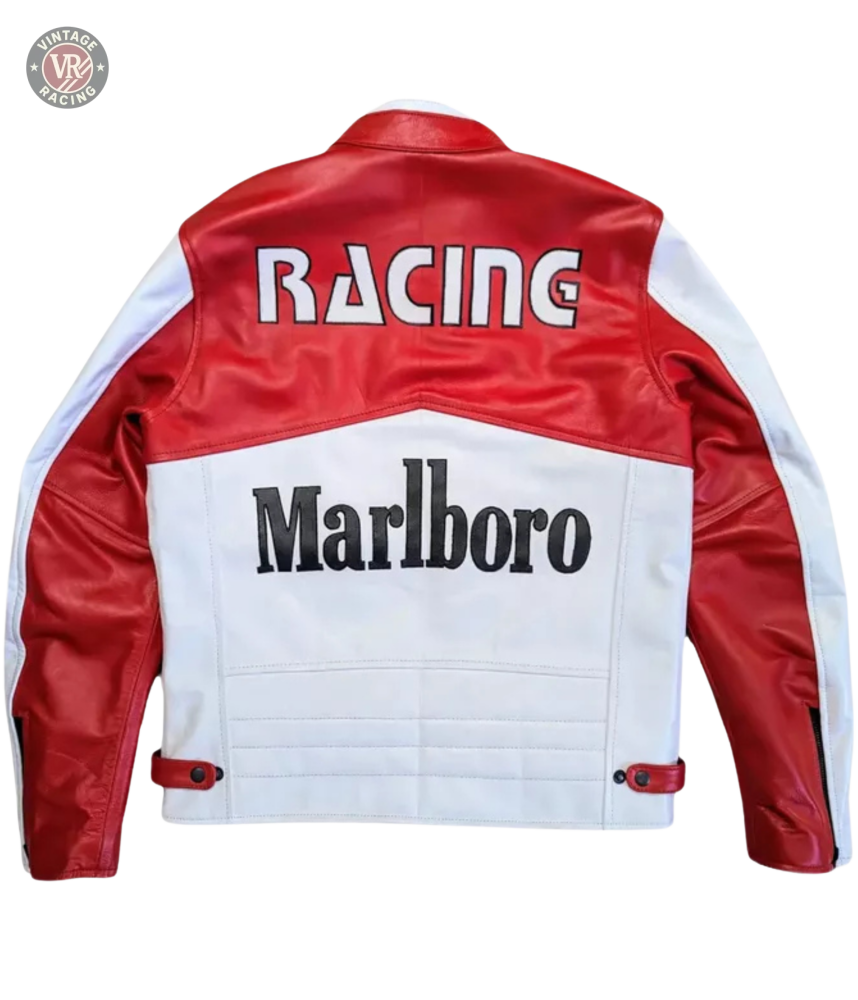 The Marlboro Racing Leather Jacket features red and white leather, bold “RACING” on the upper back, “Marlboro” on the lower back, and captures retro 90s F1 style.