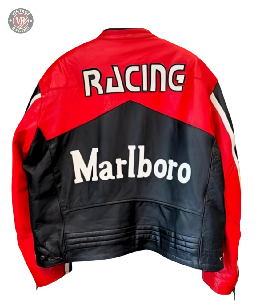 The Marlboro Racing Leather Jacket - Black Edition is a motorsport streetwear piece in black and red, featuring RACING in white on the upper back and a bold Marlboro logo on the lower back.