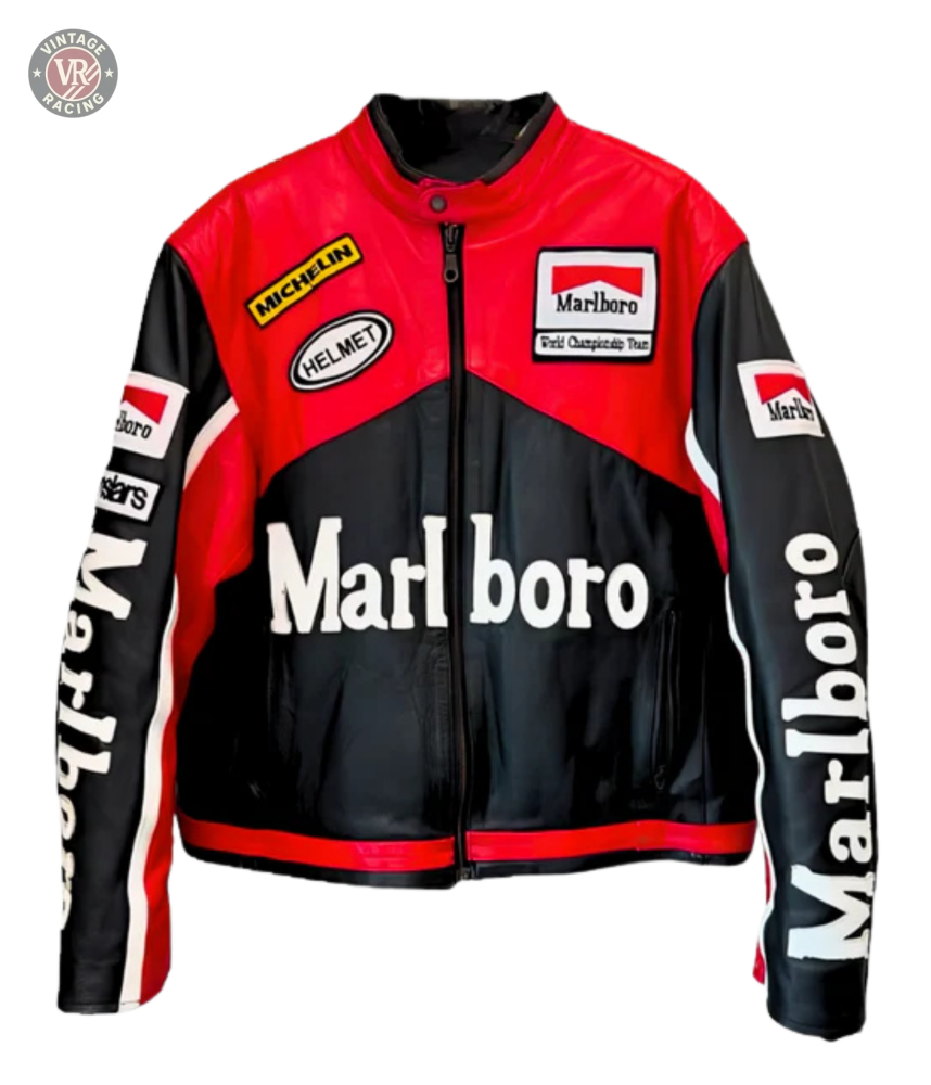 The Marlboro Racing Leather Jacket - Black Edition features bold red accents, large Marlboro logos on the chest and sleeves, and Michelin, HELMET, and World Championship Team patches—a true statement in motorsport streetwear.