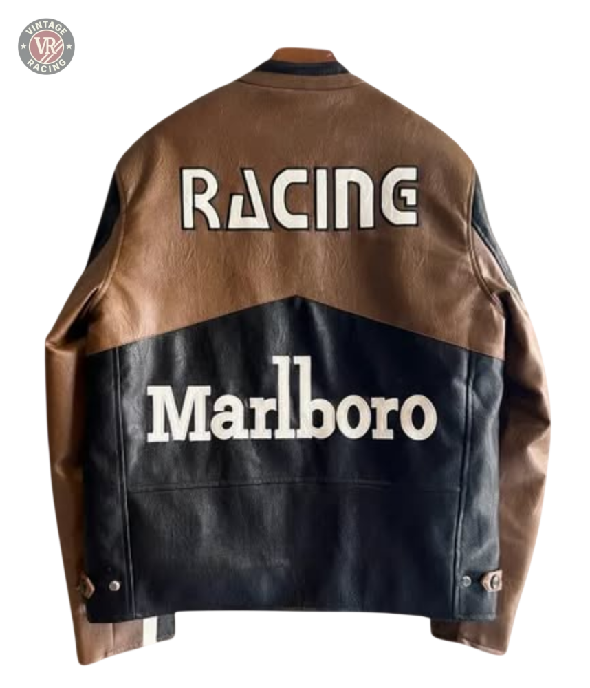 The Marlboro Racing Leather Jacket - Retro Edition features bold RACING and Marlboro prints on the back in brown and black, making it ideal for fans of vintage racing jacket designs and classic motorsport style.
