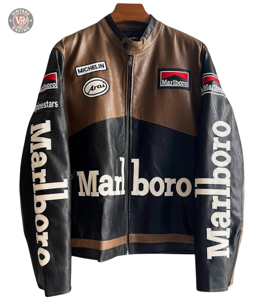 The Marlboro Racing Leather Jacket - Retro Edition is a vintage black and brown leather piece with bold logos and Motorsport style, plus Michelin, Arai, and Alpinestars patches—ideal for collectors.