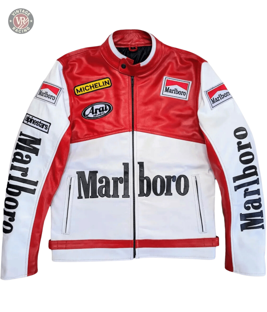 The Marlboro Racing Leather Jacket showcases Michelin, Arai, and Alpinestars logos, plus bold Marlboro branding on the chest and sleeves—a retro 90s F1-inspired design in red and white.