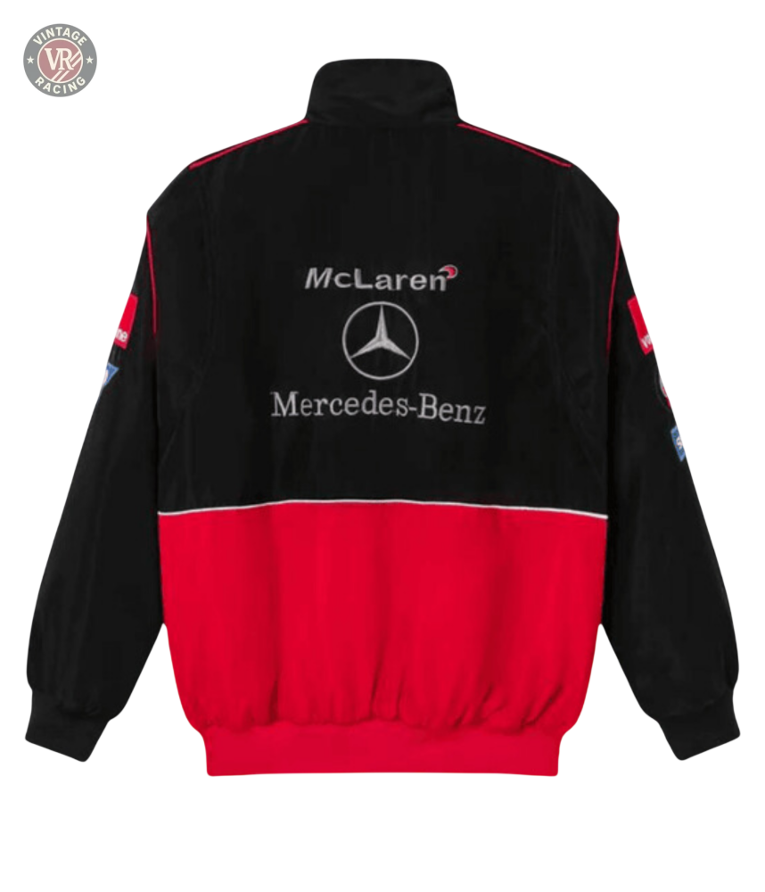 The McLaren x Mercedes-Benz Vintage Jacket is a black and red Formula 1 streetwear piece with logos on the back, sponsor patches on the sleeves, and a high collar.