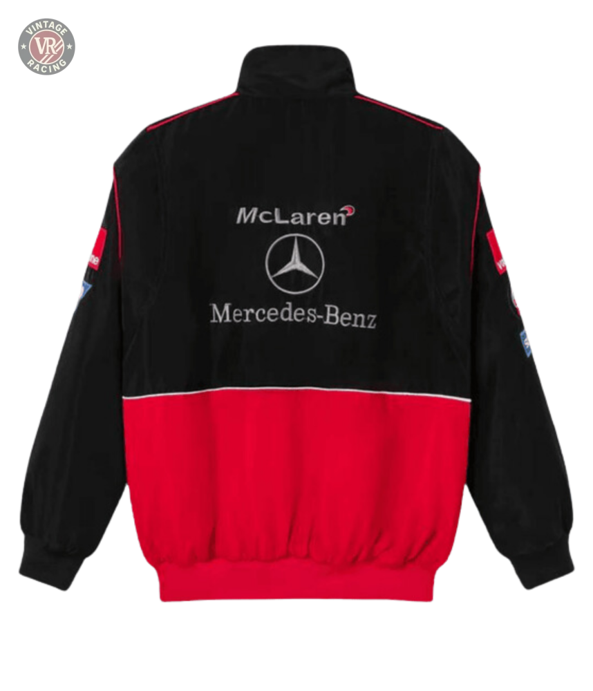 The McLaren x Mercedes-Benz Vintage Jacket is a black and red Formula 1 streetwear piece with logos on the back, sponsor patches on the sleeves, and a high collar.