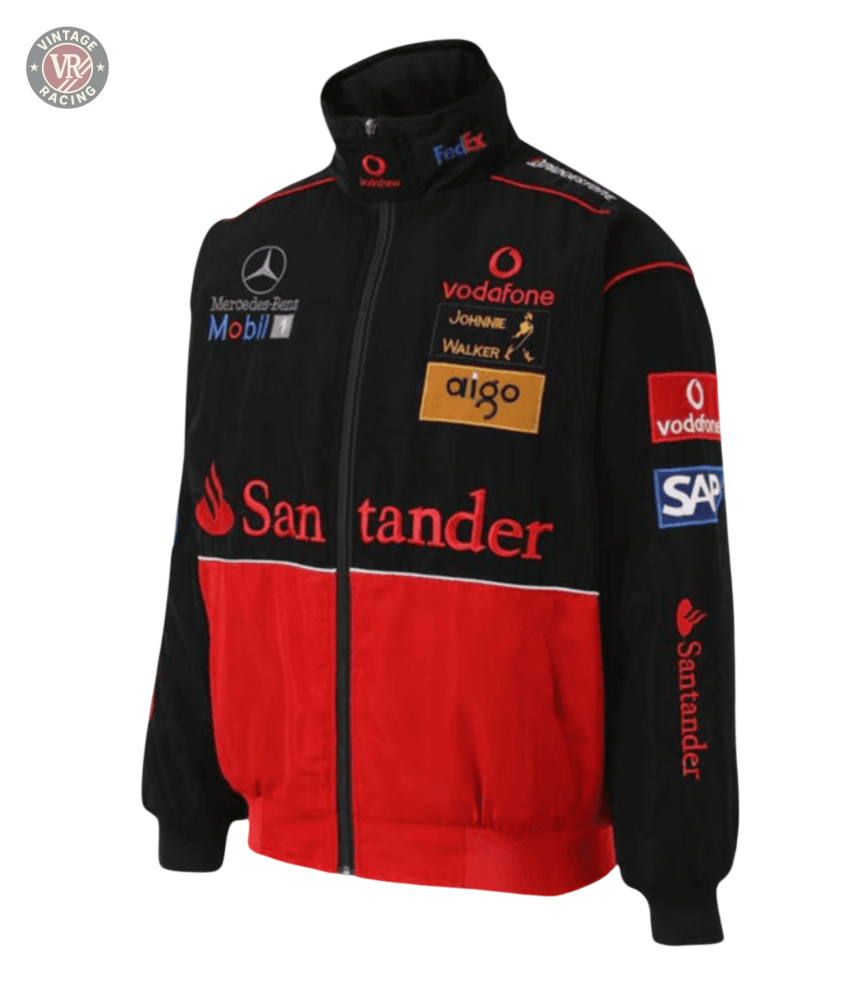 The McLaren x Mercedes-Benz Vintage Jacket in black and red features sponsor logos like Santander, Vodafone, and Mobil 1, plus a front zipper and high collar—an ideal Grand Prix streetwear piece for any Formula 1 fan.