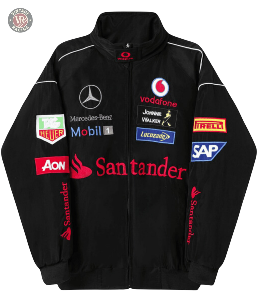 The Mercedes-Benz Santander Vintage Jacket features multiple embroidered sponsor logos, including Mercedes-Benz and Vodafone, capturing authentic motorsport heritage with its stealth racing style across the front, sleeves, and chest.