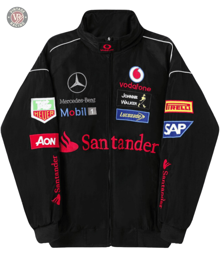 The Mercedes-Benz Santander Vintage Jacket features multiple embroidered sponsor logos, including Mercedes-Benz and Vodafone, capturing authentic motorsport heritage with its stealth racing style across the front, sleeves, and chest.