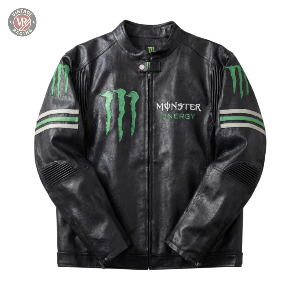 The Monster Energy Vintage Racing Jacket - Black Edition features green Monster Energy logos on the chest and shoulders, green and white stripes on the arms, and is displayed against a light gray background.