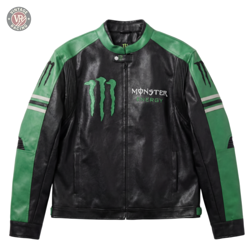 The Monster Energy Vintage Racing Jacket - Black & Green Edition features leather construction, the Monster Energy logo, and claw mark designs on the chest and sleeves, shown against a plain white background.