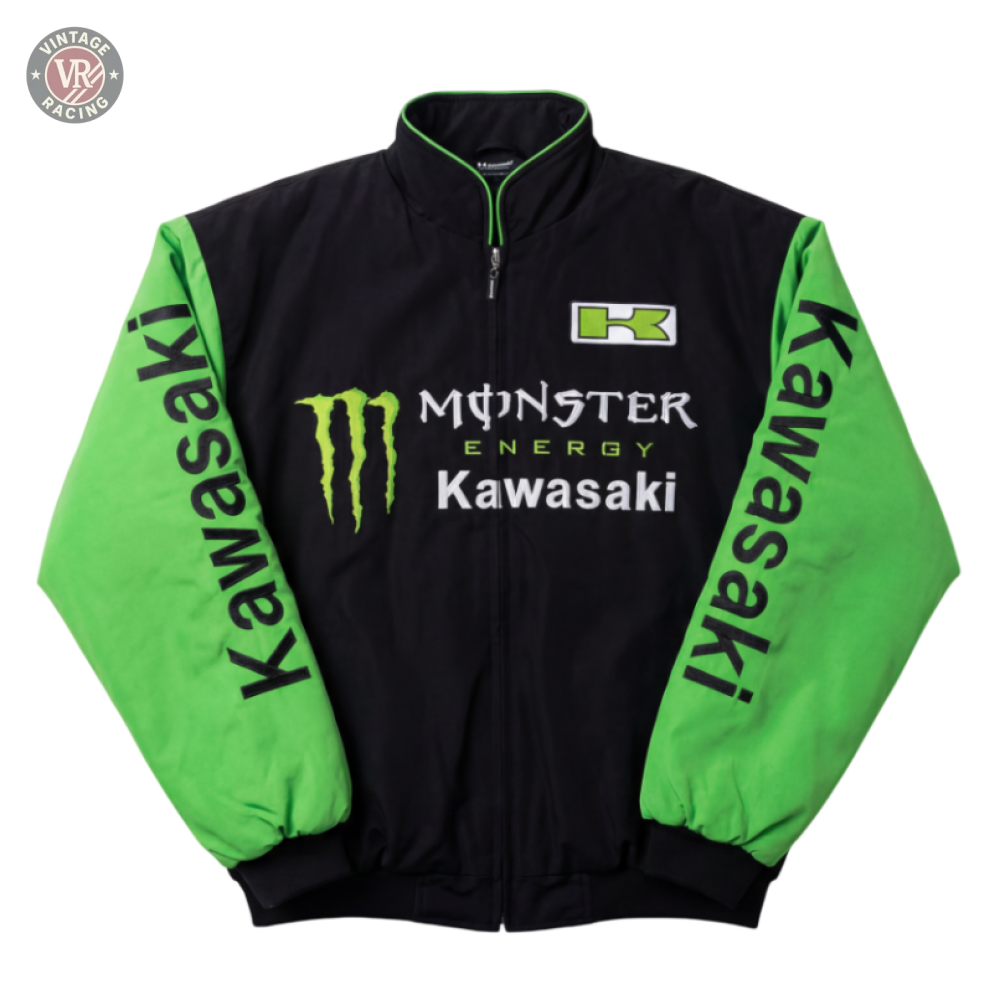The Monster Kawasaki Vintage Racing Motorcycle Jacket is black and green with Monster Energy and Kawasaki logos on the front and sleeves, bold branding, and a high collar.