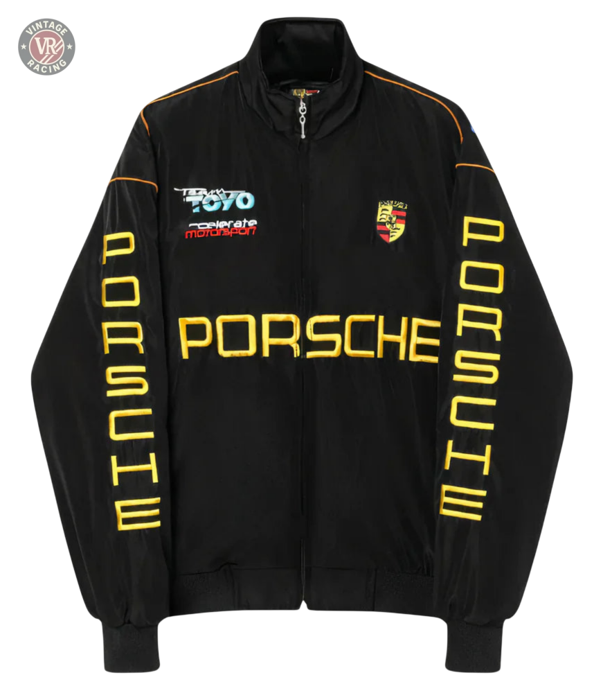 The Porsche Vintage Racing Jacket in black features yellow PORSCHE text on the front and sleeves, a Porsche logo on the chest, and sponsor logos including TOYO TIRES—ideal for retro motorsport style and Porsche fans.