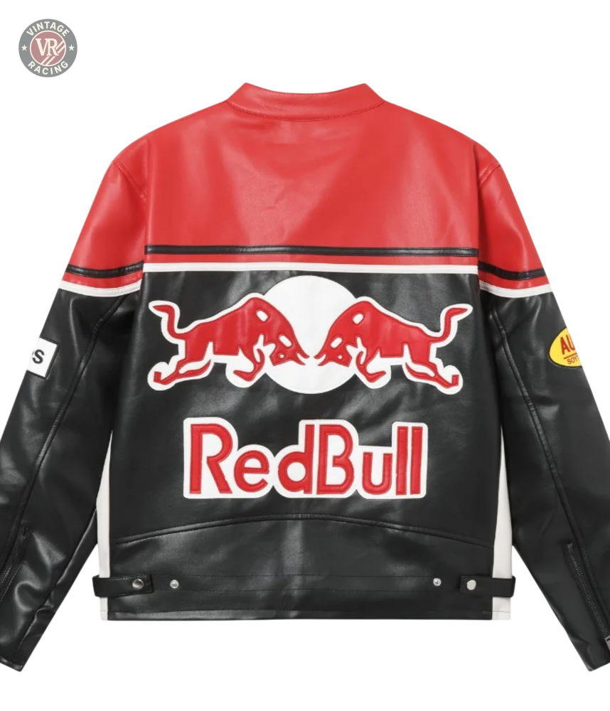 The Red Bull Leather Racing Jacket features a bold black and red design, eye-catching logos, two red bulls on the back, and sponsor patches on the sleeves—ideal for expressing your racing heritage.