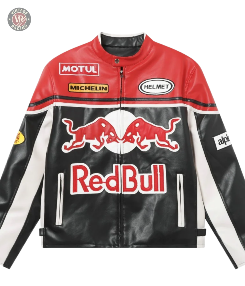 The Red Bull Leather Racing Jacket showcases bold Motul, Michelin, and Alpinestars logos with dynamic graphics on red, black, and white leather—blending stylish design and racing heritage across the front and sleeves.