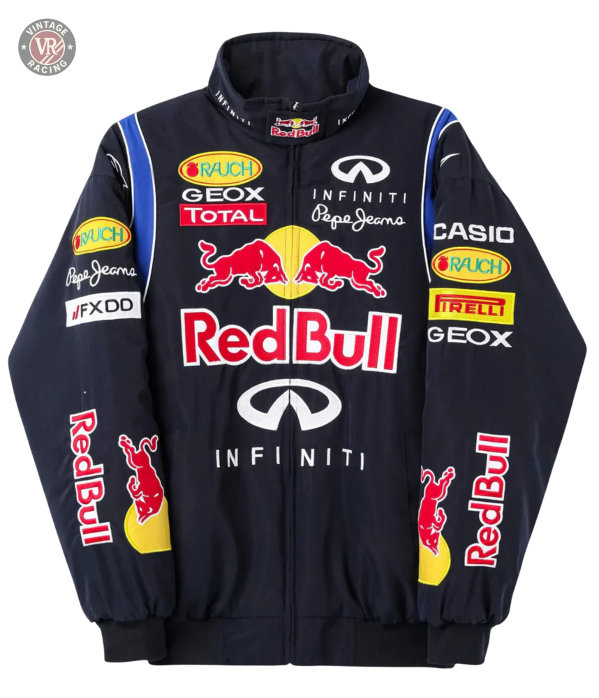 The Red Bull Racing F1 Jacket is a navy blue collector piece featuring bold sponsor patches—Red Bull, Infiniti, Geox, Casio, Pirelli, and Rauch—on the front, sleeves, and shoulders for true Formula 1 fans.