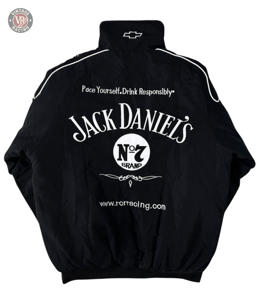 Sponsored’s Racing Vintage Jacket: a black vintage-style jacket featuring the Jack Daniel’s No. 7 Brand logo in white, “Pace Yourself. Drink Responsibly,” a Chevrolet logo on the collar, and “rortracing.com” at the bottom—ideal for motorsport or streetwear.