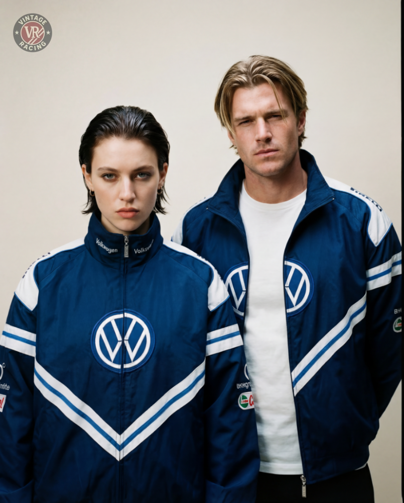 Two people wearing matching Volkswagen Vintage Racing Jackets stand together against a plain light background. One has short dark hair; the other, blond hair and a white shirt under their motorsport-style jacket.