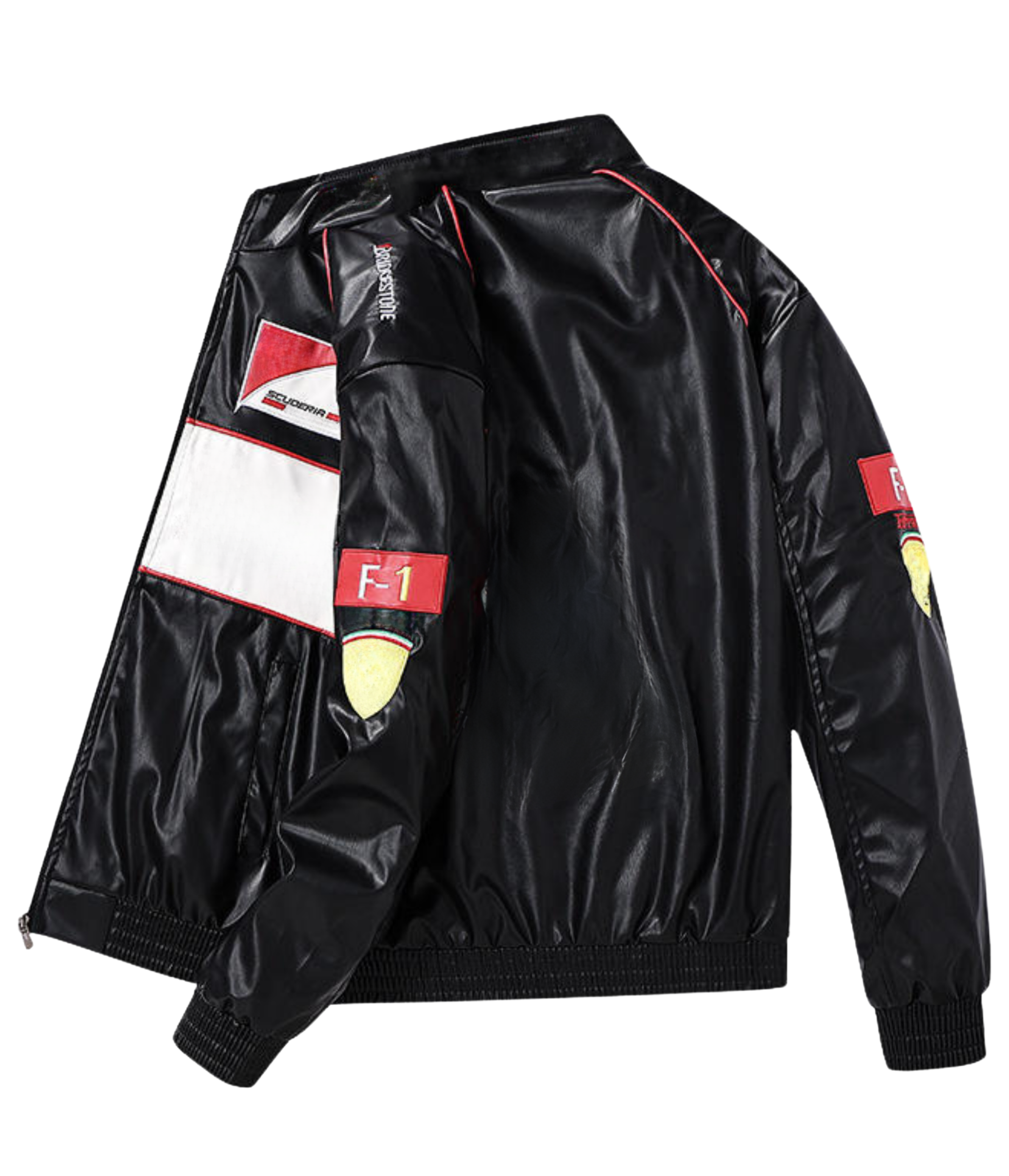 The F1 Vintage Leather Jacket - White Edition is a shiny black vegan leather jacket with red and white accents, F1 and racing car graphics on the arms and back—a bold motorsport streetwear piece shown against a plain background.