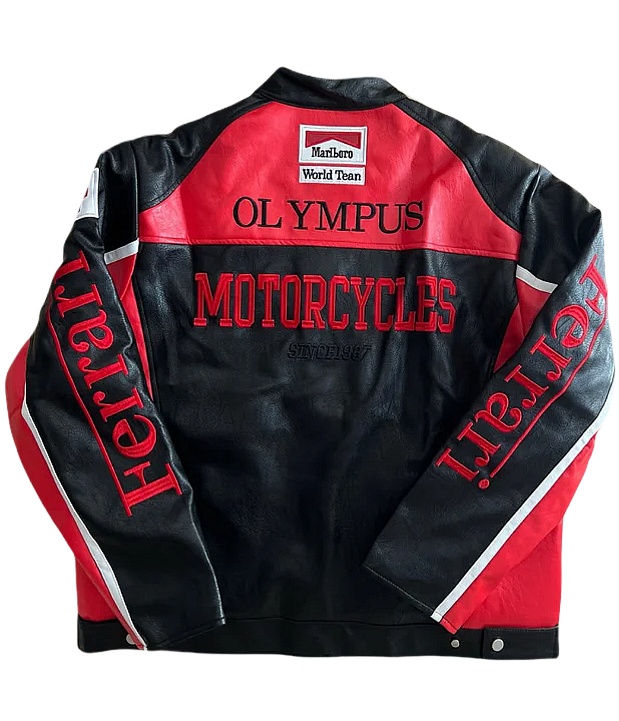 The F1 Leather Jacket - Olympus Edition features a black and red motorsport design with OLYMPUS MOTORCYCLES and Ferrari on the back, Marlboro and World Team patches, plus white sleeve stripes—a tribute to racing heritage.