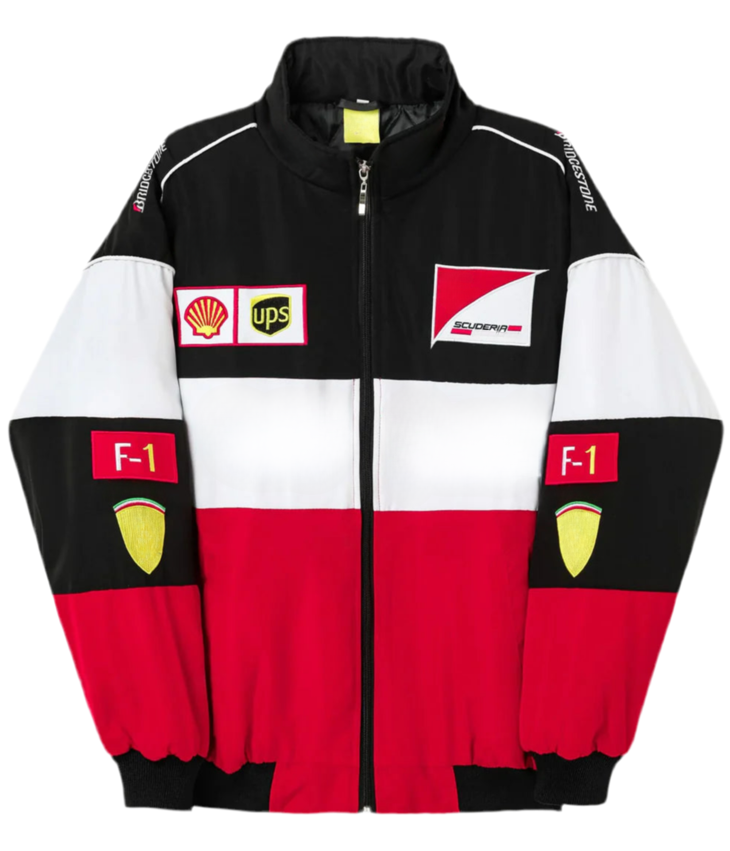 The F1 Vintage Racing Jacket - Classic Edition features bold black, white, and red color blocks plus Shell, UPS, F-1, and Scuderia patches—ideal for any vintage racing jacket collector.