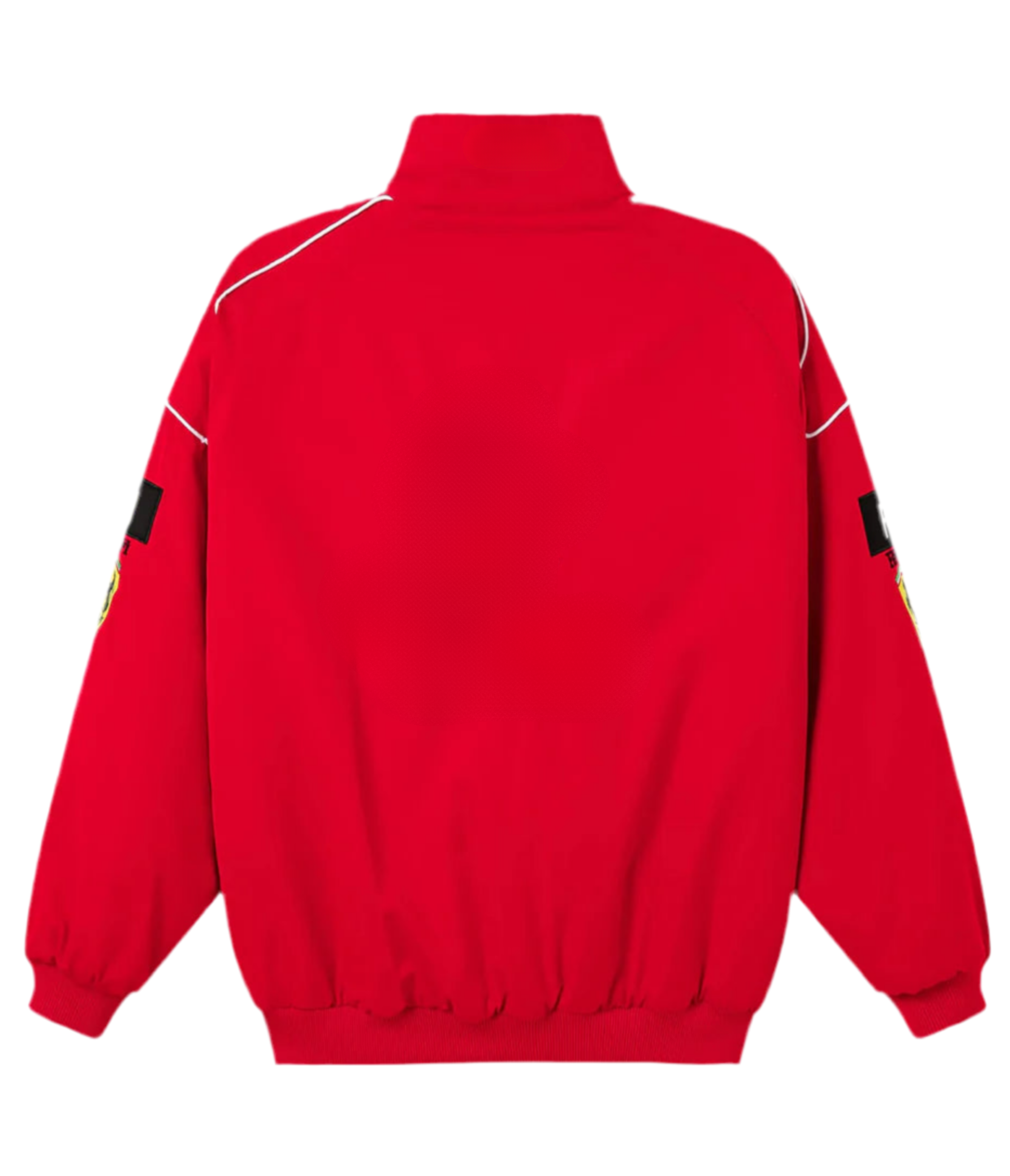 The F1 Vintage Racing Jacket - Red Edition features a Ferrari red back view, high collar, white piping on the shoulders, black sleeve patches, and elastic cuffs and waistband for a classic racing look.