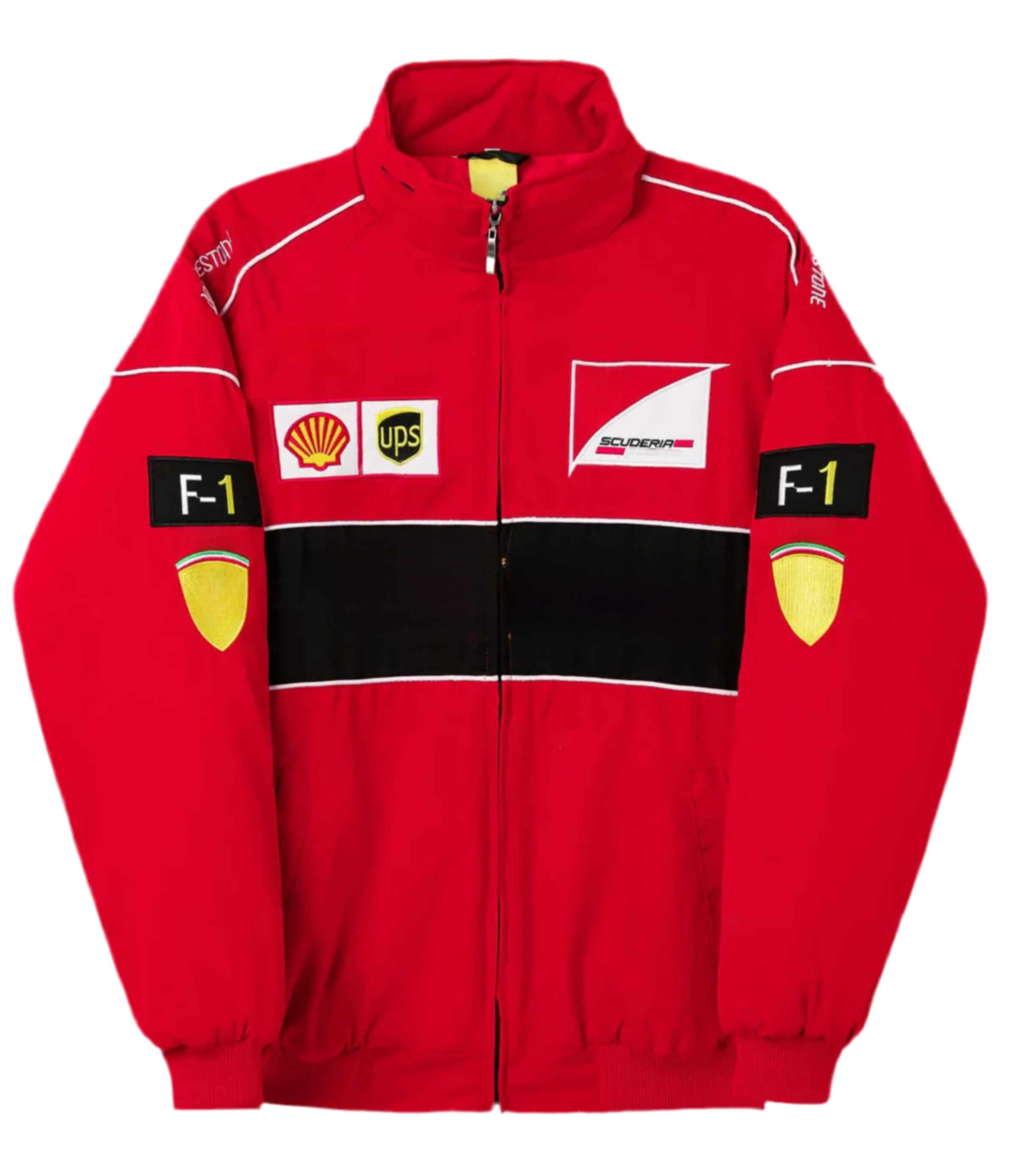 The F1 Vintage Racing Jacket - Red Edition features a Ferrari red design with black and white accents plus embroidered Shell, UPS, F-1, and Scuderia Ferrari patches on the front and sleeves.