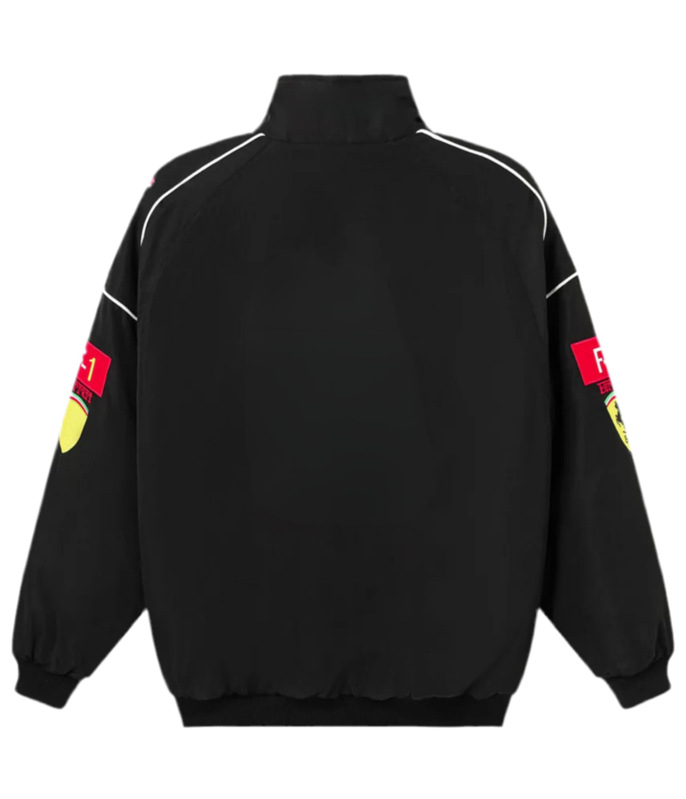 The F1 Vintage Racing Jacket - Black Edition features a retro motorsport look with white piping, elastic cuffs and hem, plus red Scuderia Ferrari F1 logos with yellow crests on the upper sleeves, seen from the back.