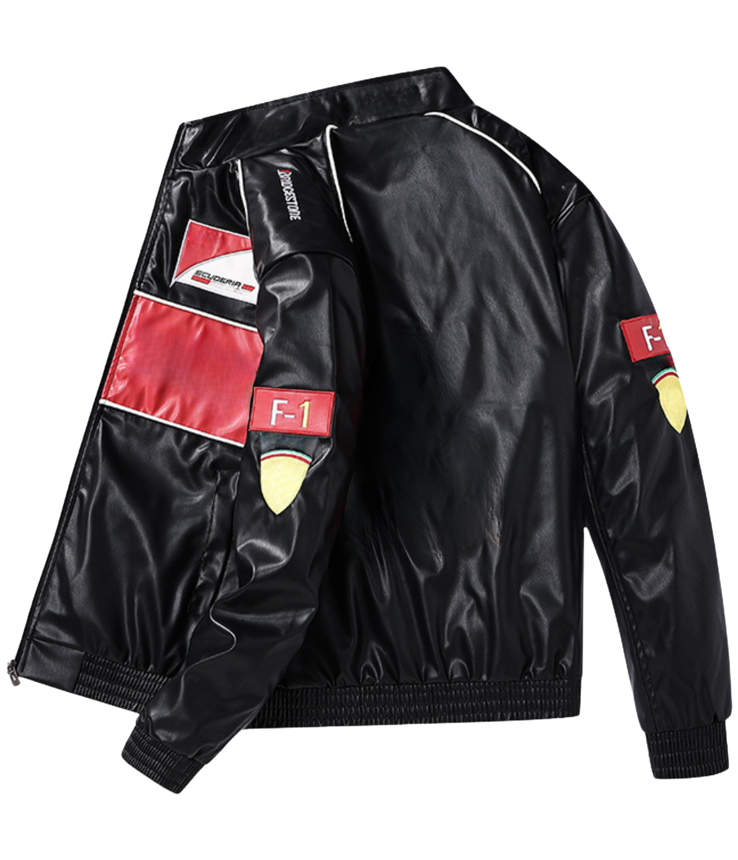 The F1 Vintage Leather Jacket - Red Edition features black leather with red and white racing patches, F-1 on the sleeves, a racing logo on the chest, and a bold red center stripe, shown against a light background.