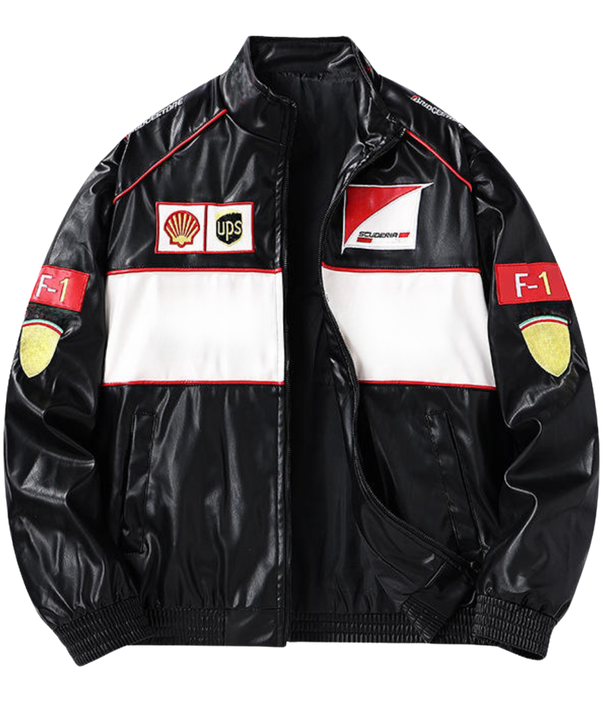 The F1 Vintage Leather Jacket - White Edition is a black vegan leather motorsport streetwear jacket with white and red stripes, Shell and UPS logo patches, yellow shield patches, “F-1” text on the sleeves, shown unzipped and laid flat on a white background.