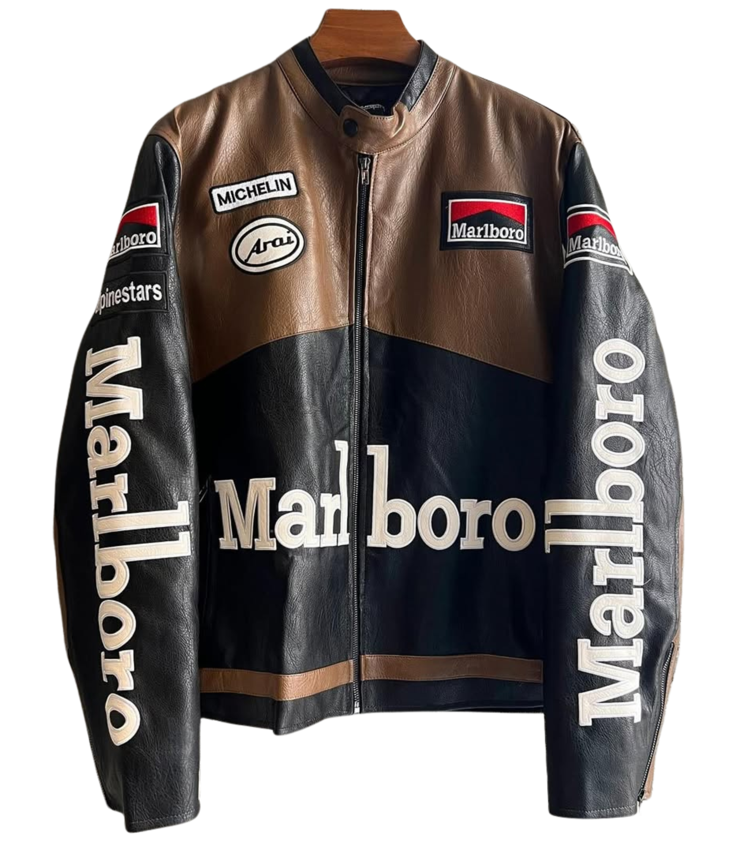 The Marlboro Racing Leather Jacket - Retro Edition is a vintage black and brown leather piece with bold logos and Motorsport style, plus Michelin, Arai, and Alpinestars patches—ideal for collectors.
