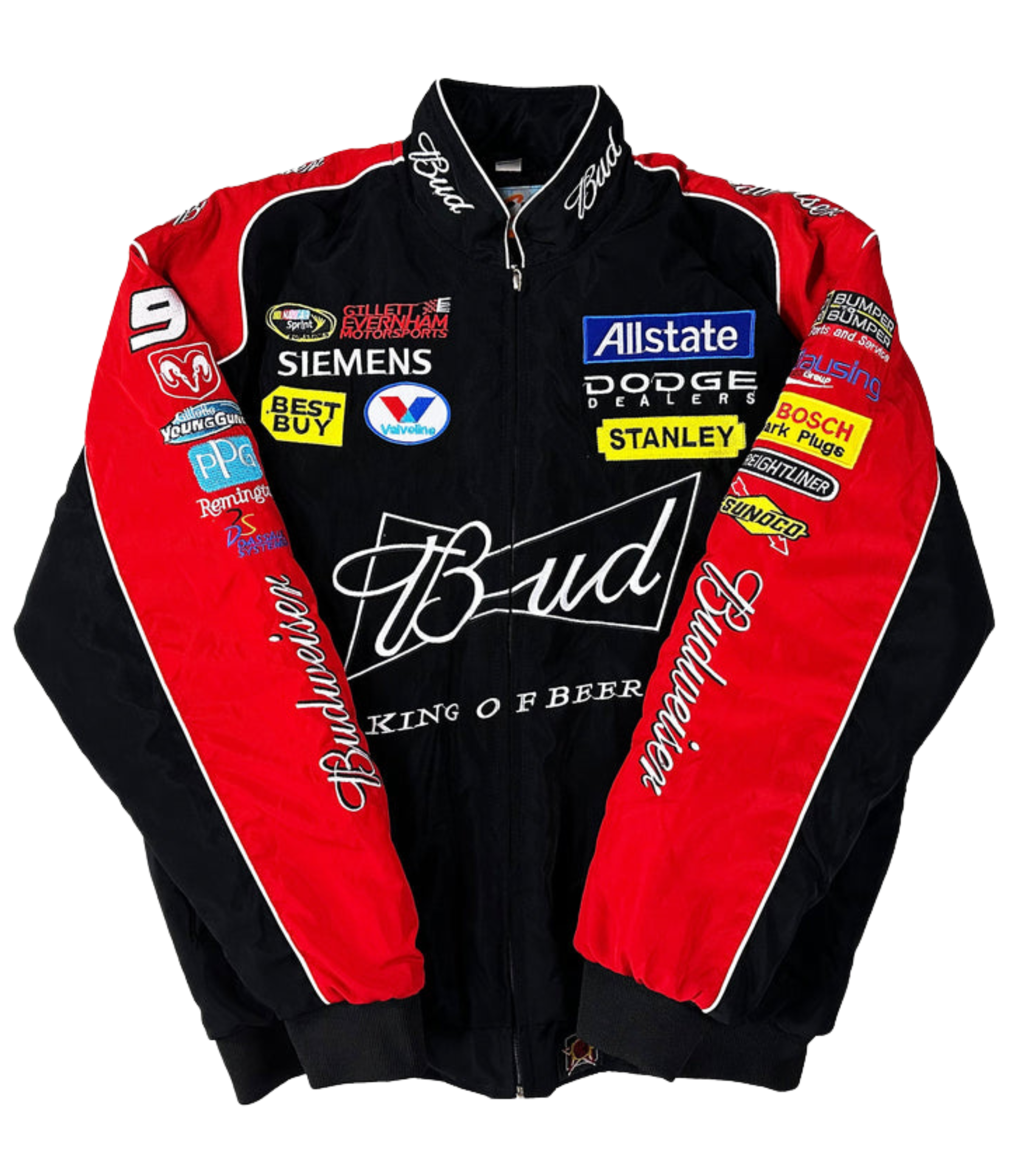 The Budweiser Vintage Racing Jacket - NASCAR Black Edition features black and red colors, King of Beers logos, and sponsor patches like Allstate, Dodge, and Stanley—ideal for fans seeking a classic vintage racing look.