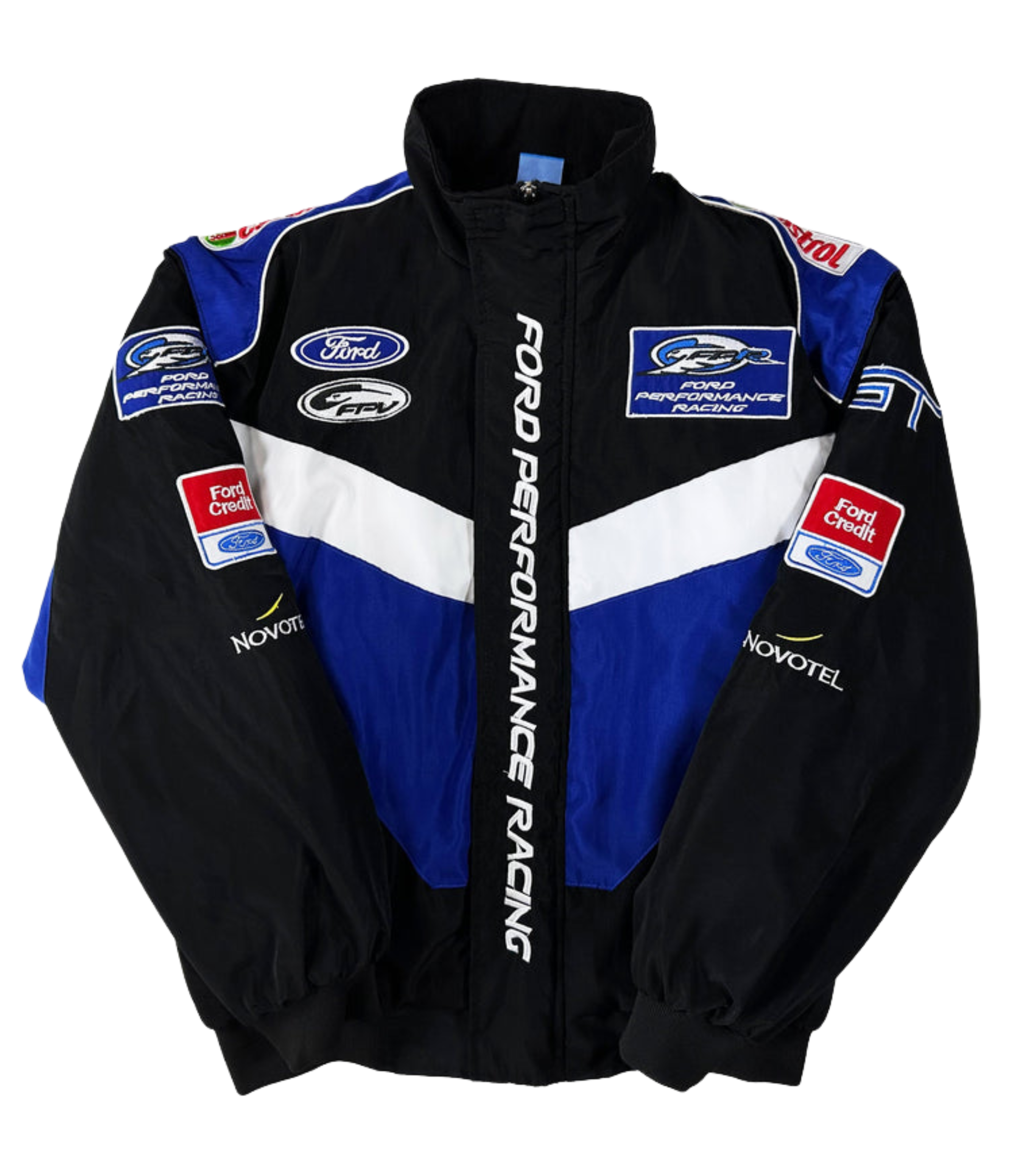 The Ford Vintage Jacket - Performance Edition is a black and blue jacket featuring white diagonal stripes, FORD PERFORMANCE RACING text down the front, and sponsor logos including Ford, Castrol, and Ford Credit. Inspired by racing heritage.