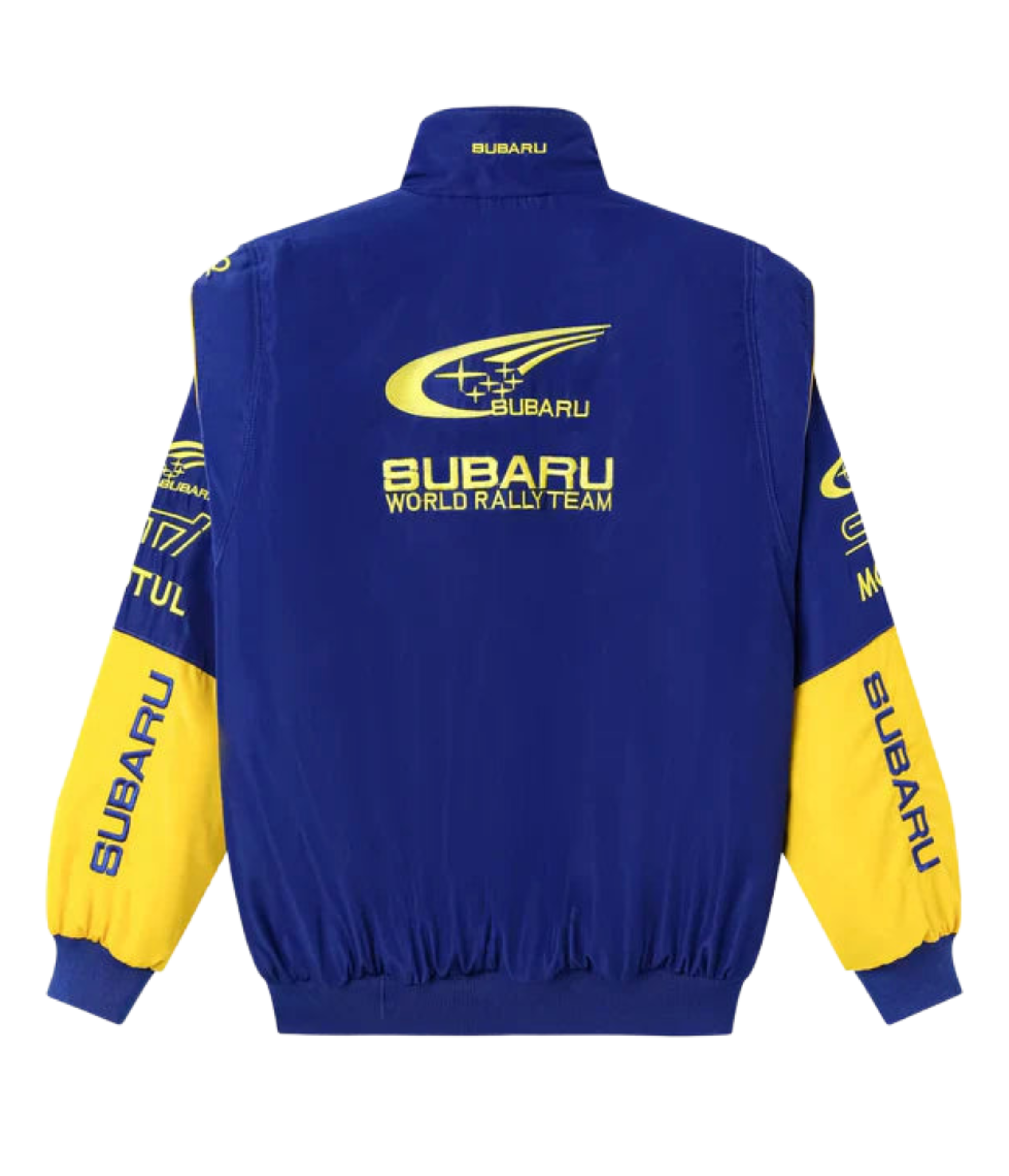 The Subaru World Rally Team Vintage Jacket showcases the iconic 555 livery, bold yellow Subaru branding on the back, sleeves, and collar, plus blue and yellow accents for a classic motorsport style.