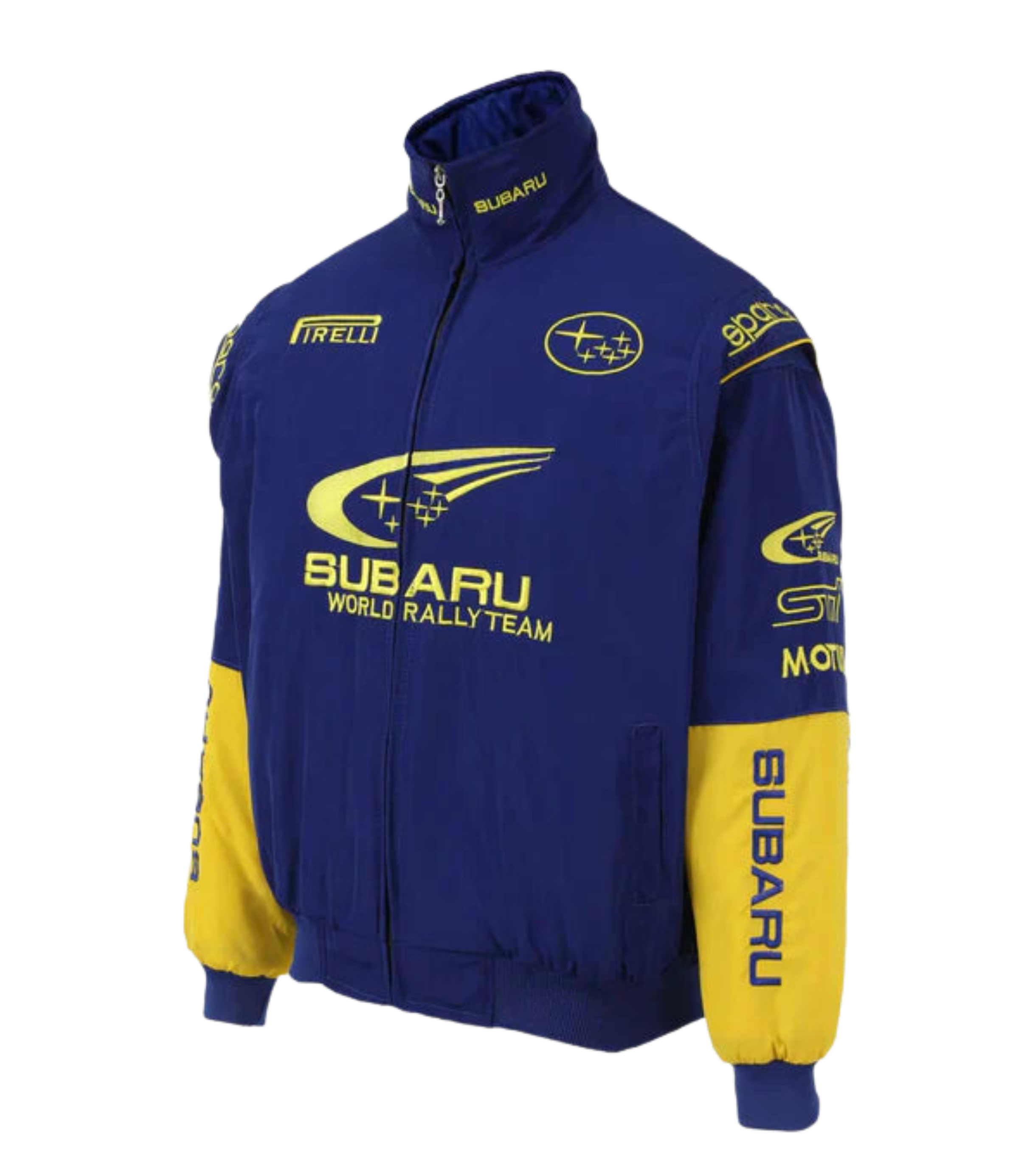 The Subaru World Rally Team Vintage Jacket features blue and yellow 555 livery, logos, and text on the front, sleeves, and collar. It has a zip closure with ribbed cuffs and hem for a classic look.