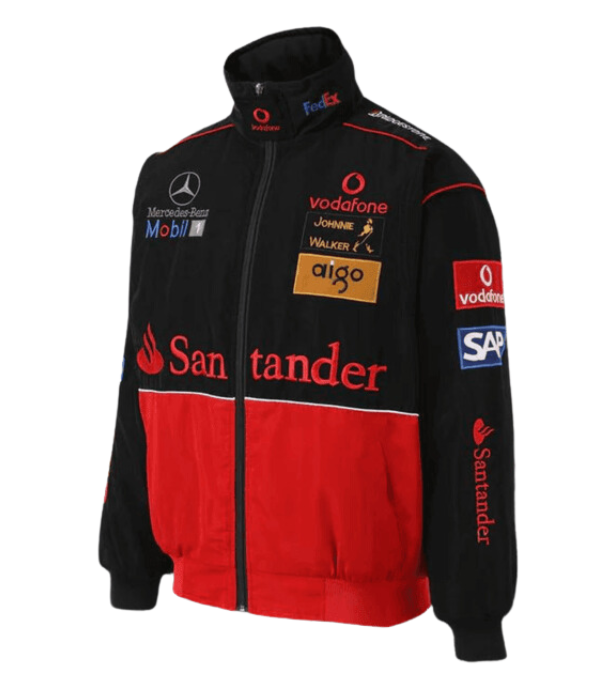 The McLaren x Mercedes-Benz Vintage Jacket in black and red features sponsor logos like Santander, Vodafone, and Mobil 1, plus a front zipper and high collar—an ideal Grand Prix streetwear piece for any Formula 1 fan.