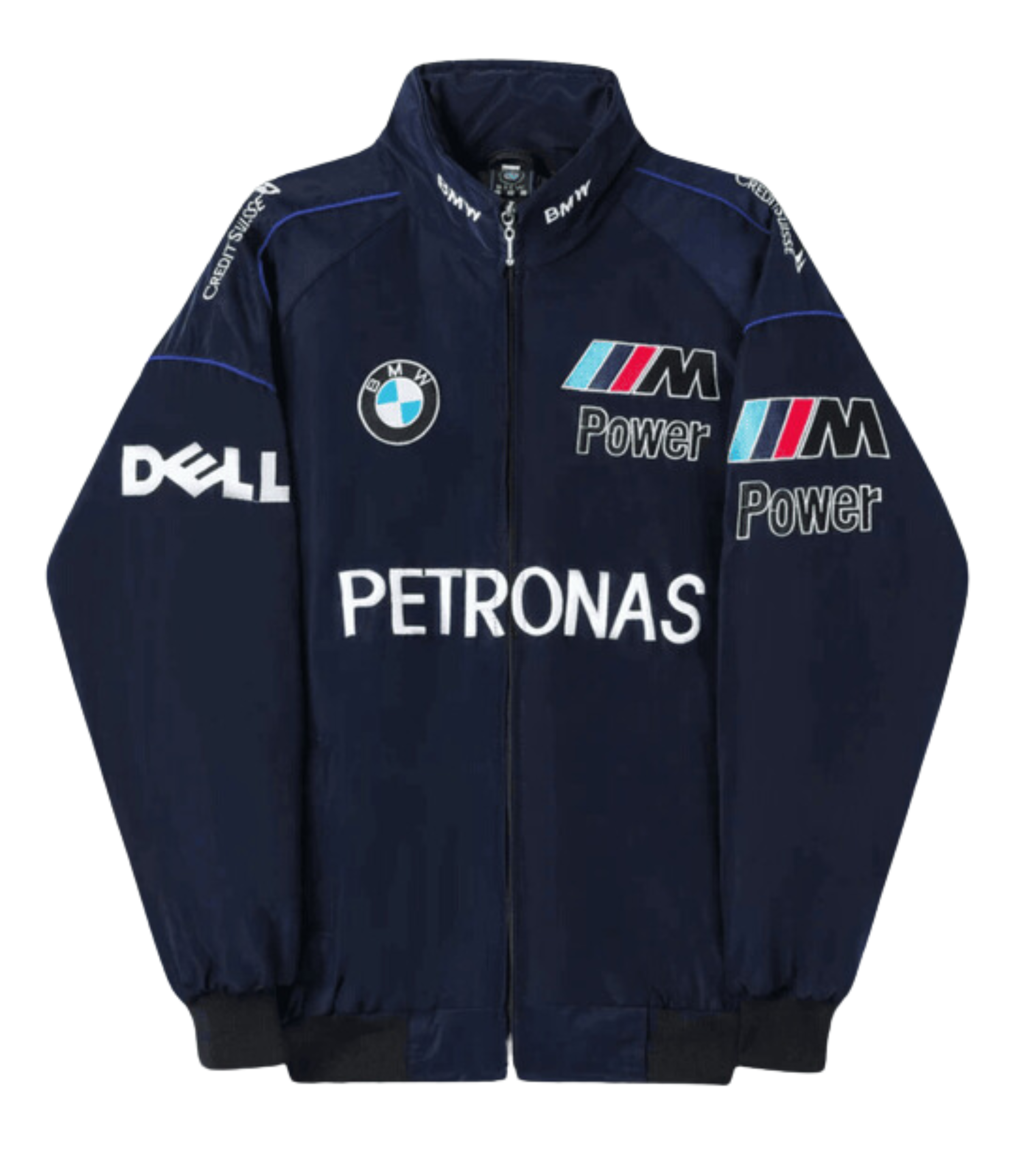 The BMW F1 Vintage Racing Jacket - Classic Edition is a navy blue jacket with BMW, M Power, Petronas, Dell, and CrowdStrike logos, featuring a front zipper and black cuffs.