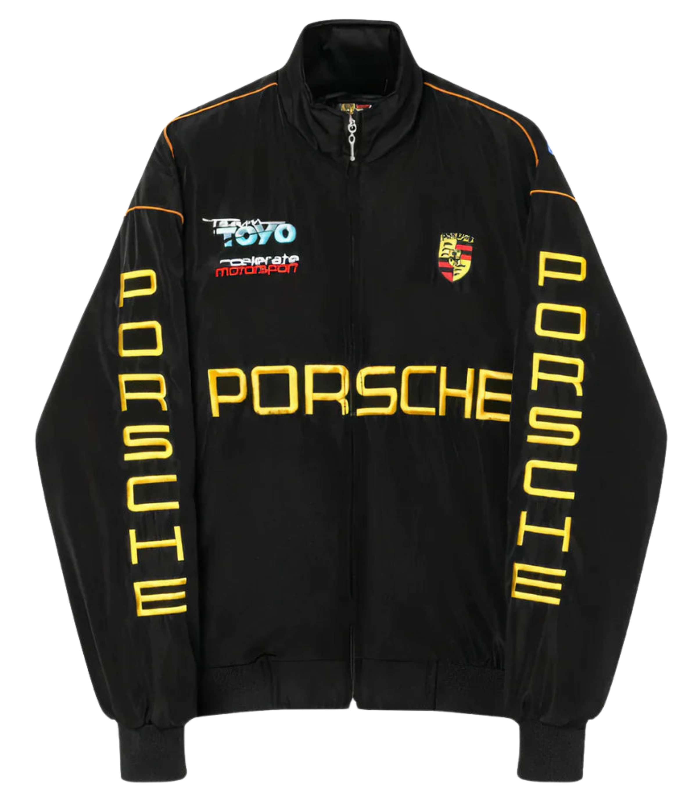 The Porsche Vintage Racing Jacket in black features yellow PORSCHE text on the front and sleeves, a Porsche logo on the chest, and sponsor logos including TOYO TIRES—ideal for retro motorsport style and Porsche fans.