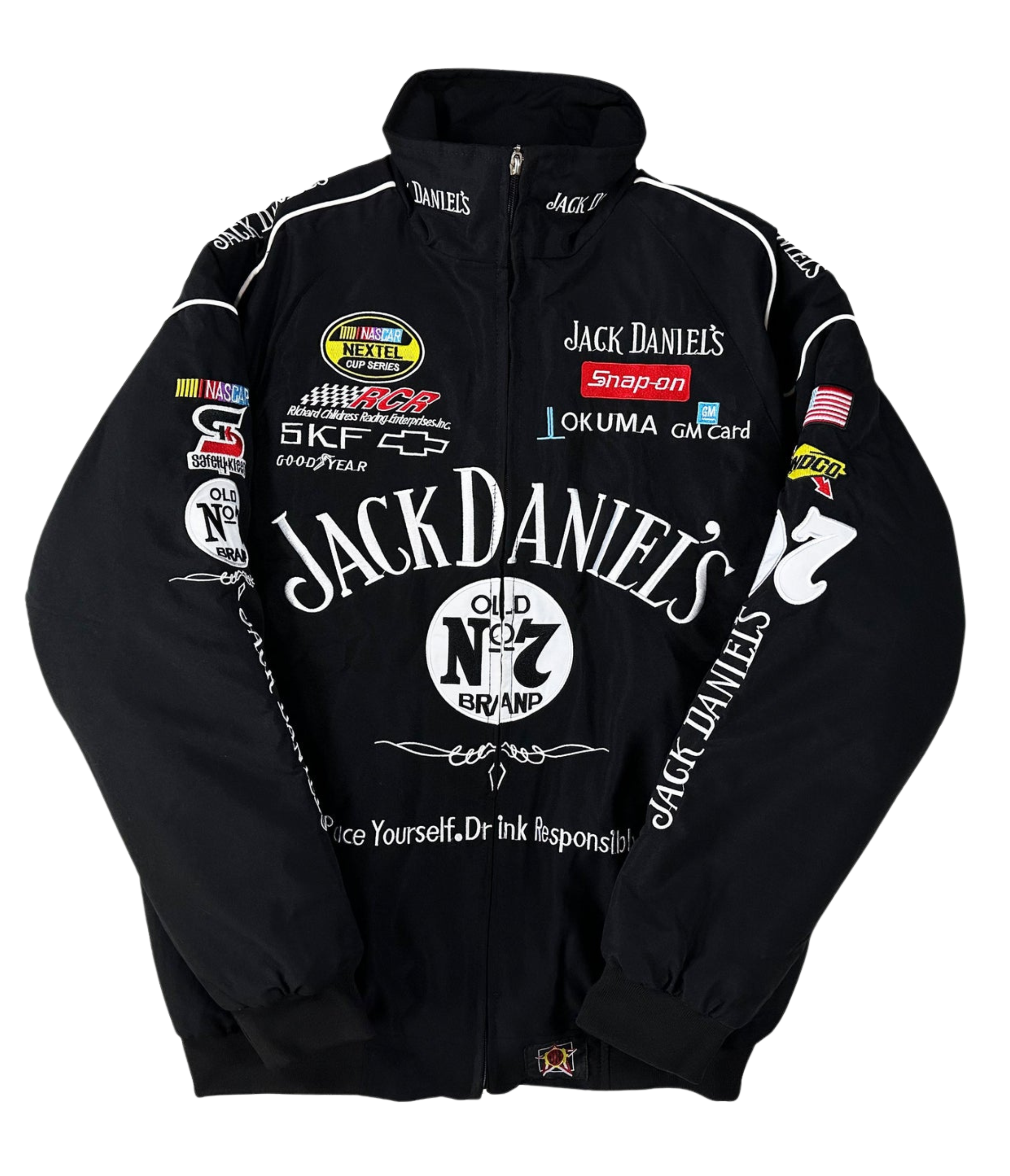 The Jack Daniel’s Racing Vintage Jacket is a black jacket with multiple logos, patches, and white embroidered text, showcasing Jack Daniel’s Old No. 7 Brand on the front, sleeves, and collar for classic racing-inspired street style.