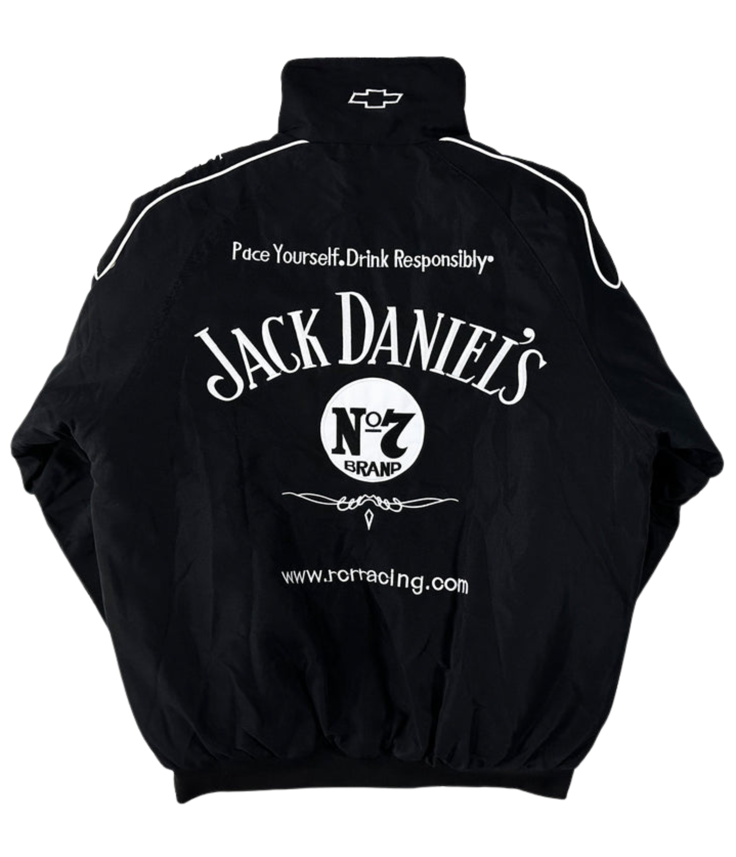 The Jack Daniel’s Racing Vintage Jacket is a black, racing-inspired streetwear piece with white accents, No. 7 Brand and “Pace Yourself. Drink Responsibly” on the back, plus Chevrolet and rortracing.com logos for a true motorsport vibe.