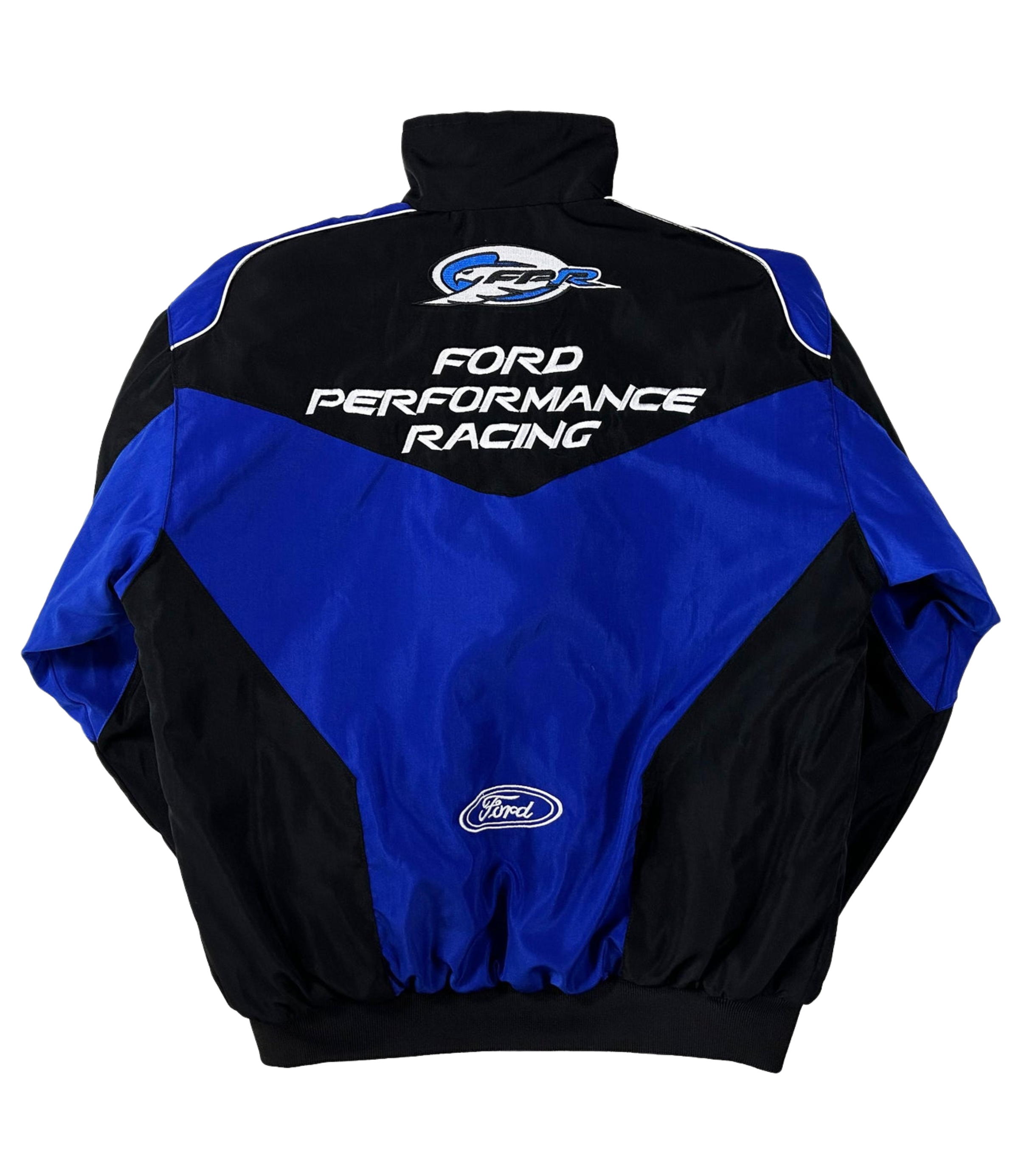 The Ford Vintage Jacket - Performance Edition, shown in black and blue from the back, displays the Ford logo and Ford Performance Racing in white—an ideal choice for motorsport enthusiasts.