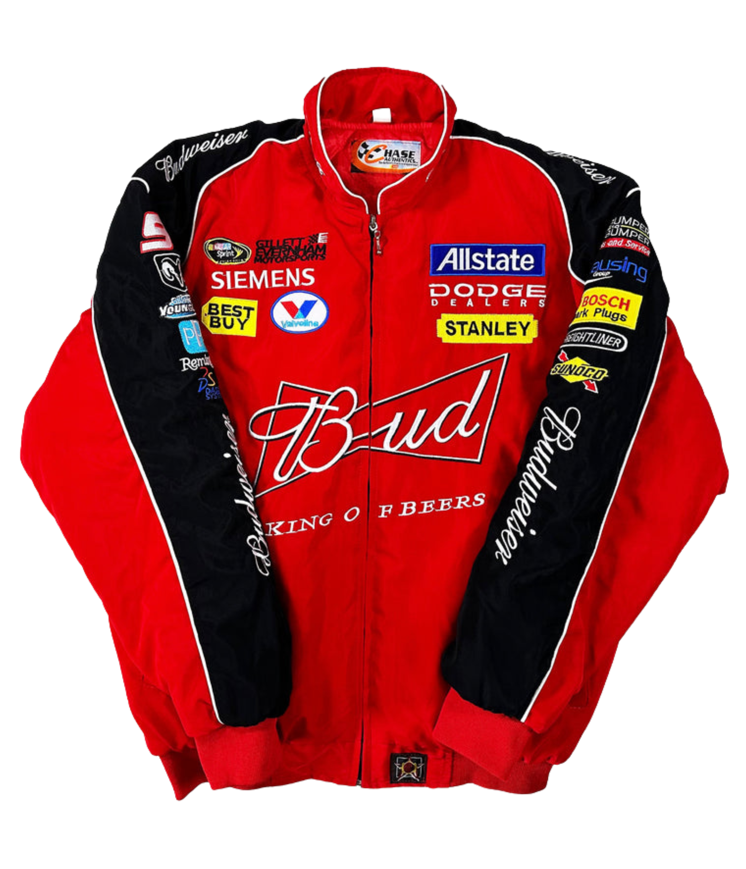 The Budweiser Racing Vintage Jacket - NASCAR Red Edition features striking red and black colors with Budweiser, Allstate, Dodge, Siemens, Best Buy, and Stanley sponsor logos across the front and sleeves.