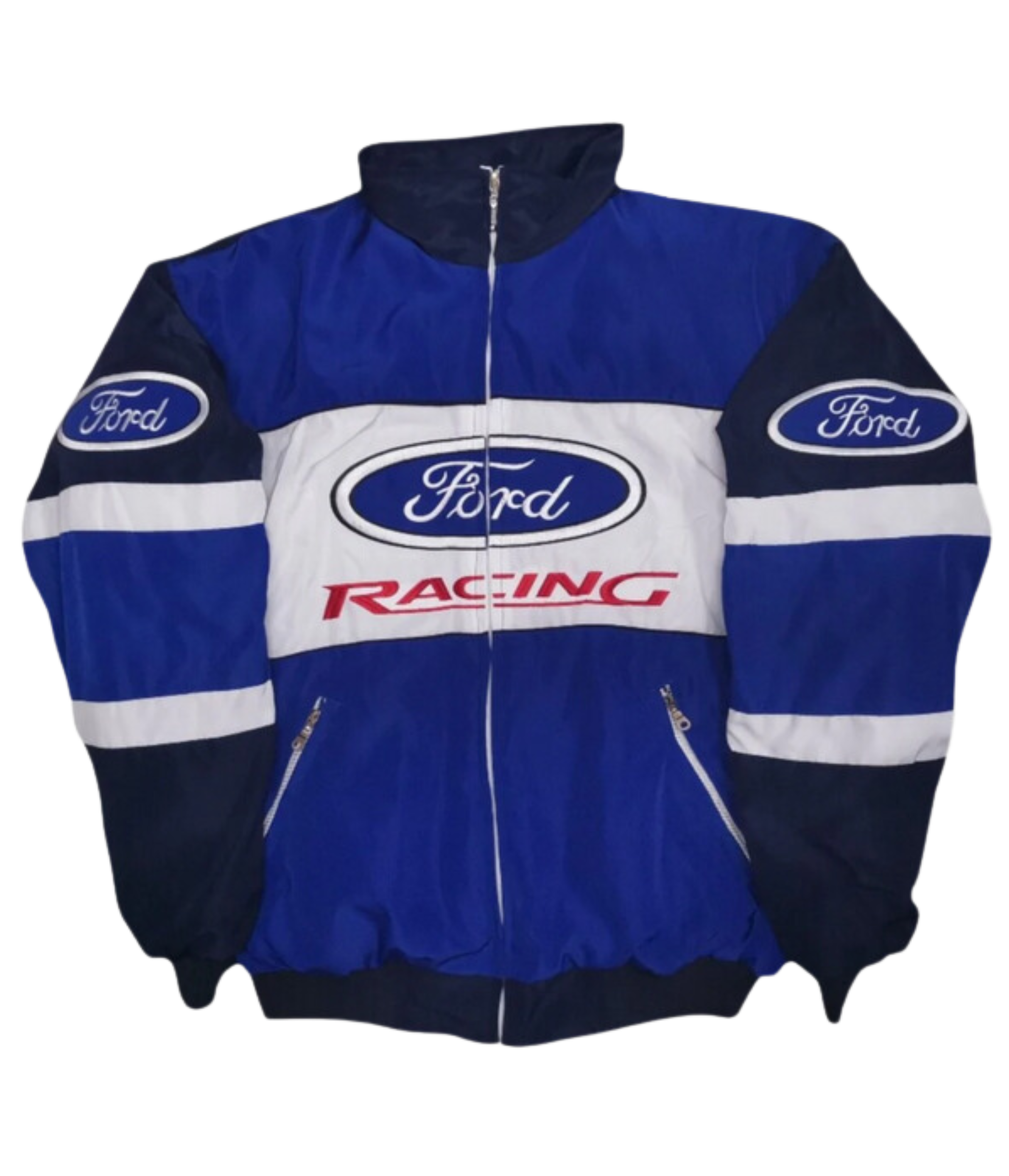 The Ford Vintage Jacket - Racing Edition is a blue and white jacket with the Ford logo on the chest and sleeves, RACING in red below the main logo, plus a front zipper and two zippered pockets—perfect retro motorsport style.