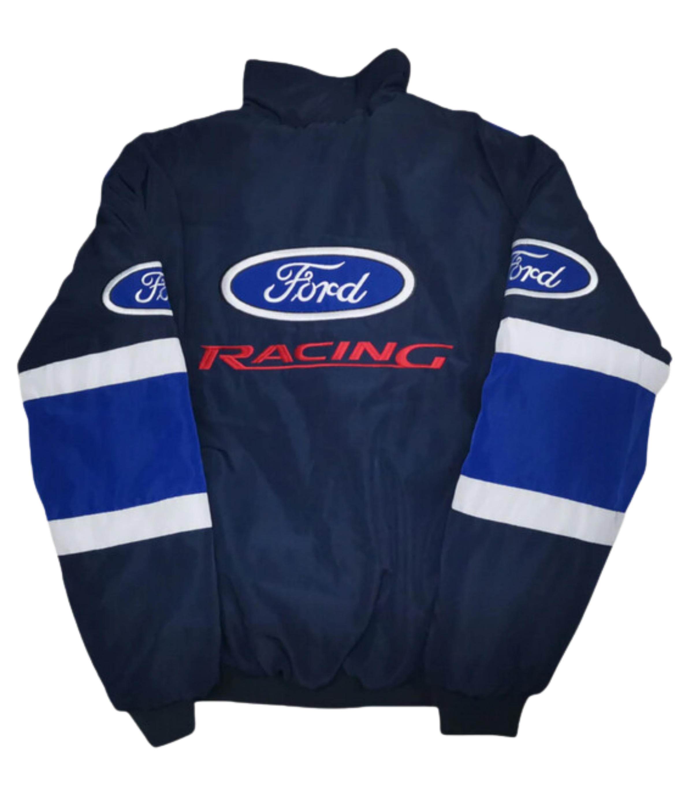 The Ford Vintage Jacket - Racing Edition features navy blue fabric, blue and white sleeve stripes, white Ford logos on the back and sleeves, plus red RACING lettering—showcasing classic muscle car heritage and retro motorsport style.