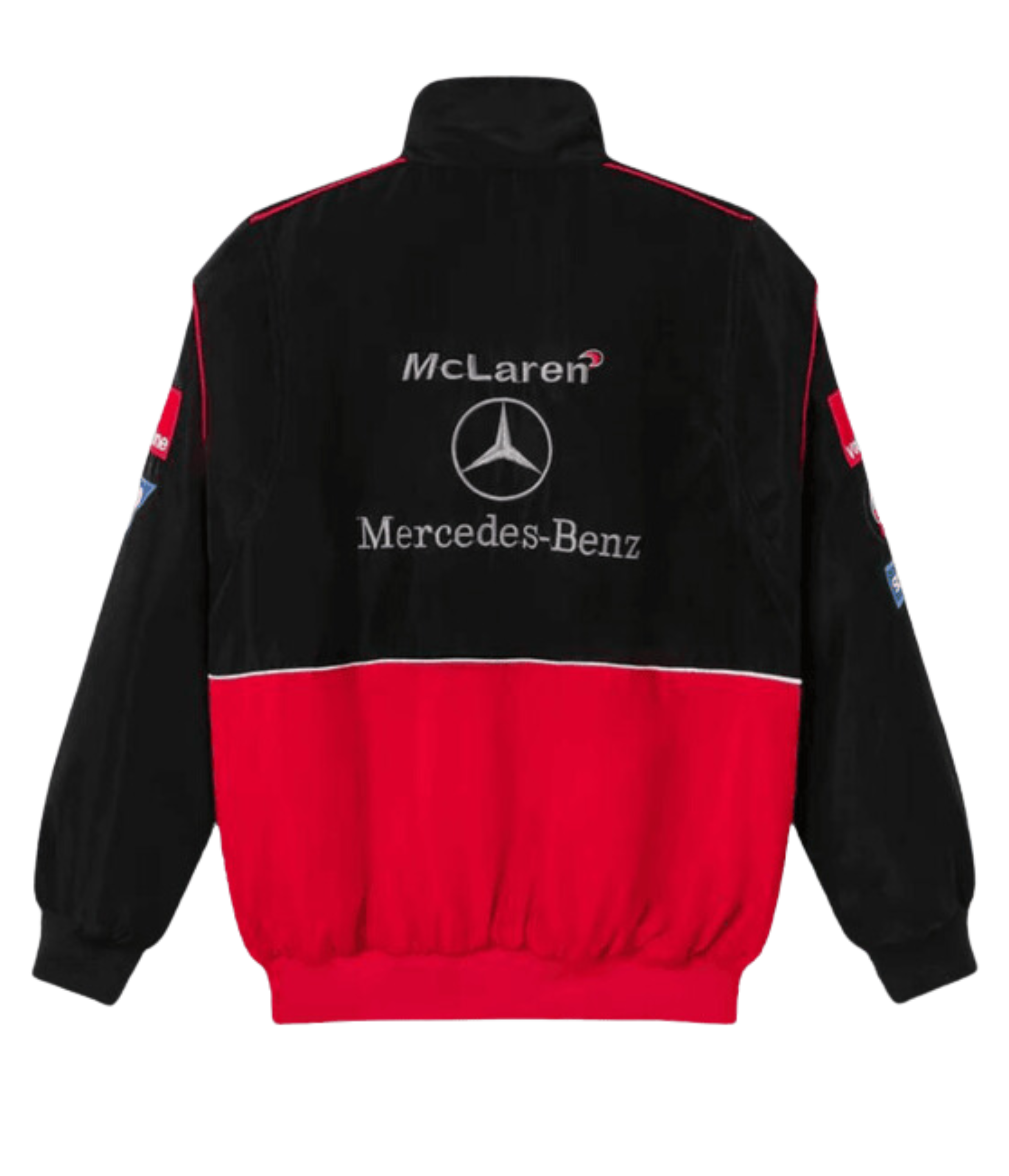 The McLaren x Mercedes-Benz Vintage Jacket is a black and red Formula 1 streetwear piece with logos on the back, sponsor patches on the sleeves, and a high collar.