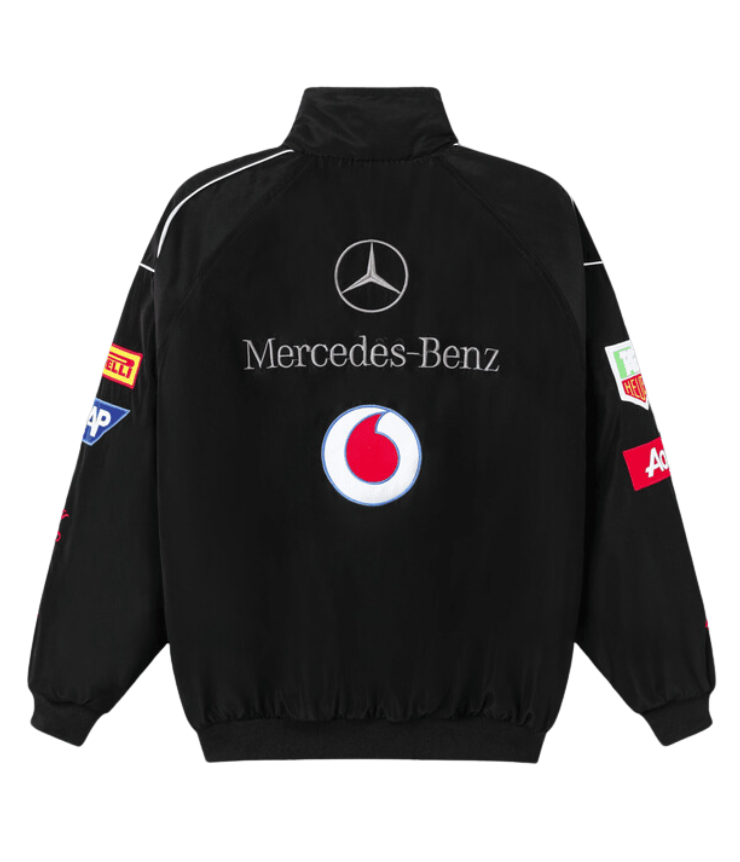 The Mercedes-Benz Santander Vintage Jacket is black with a stealth racing style, featuring Vodafone, Pirelli, Mobil 1, and ACDelco logos on the back and sleeves plus a high collar and ribbed cuffs and hem.