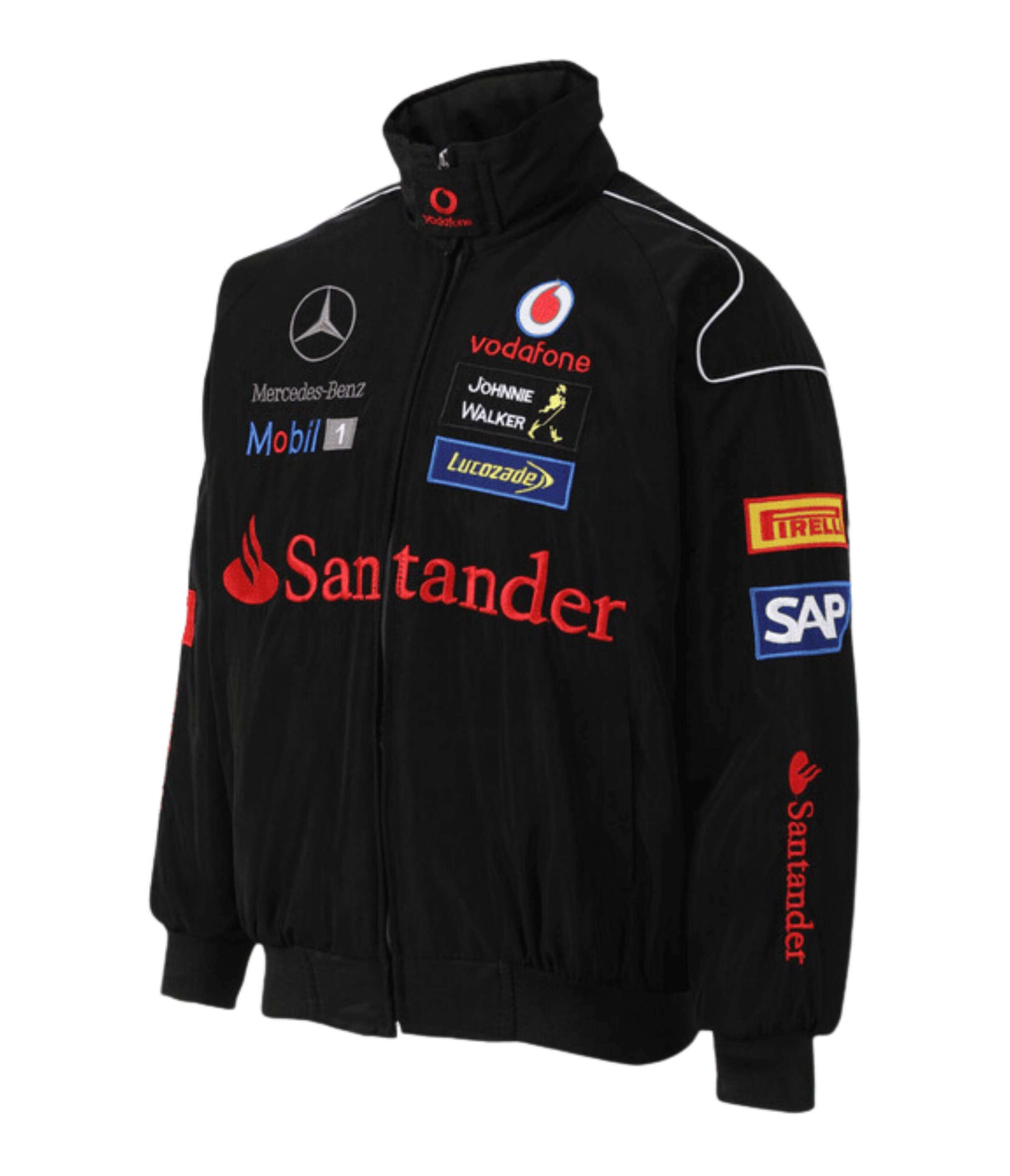 The Mercedes-Benz Santander Vintage Jacket in black features red and white accents with Vodafone, Santander, Mobil 1, SAP, Pirelli, Johnnie Walker, and Lucozade logos in stealth racing style against a white background.