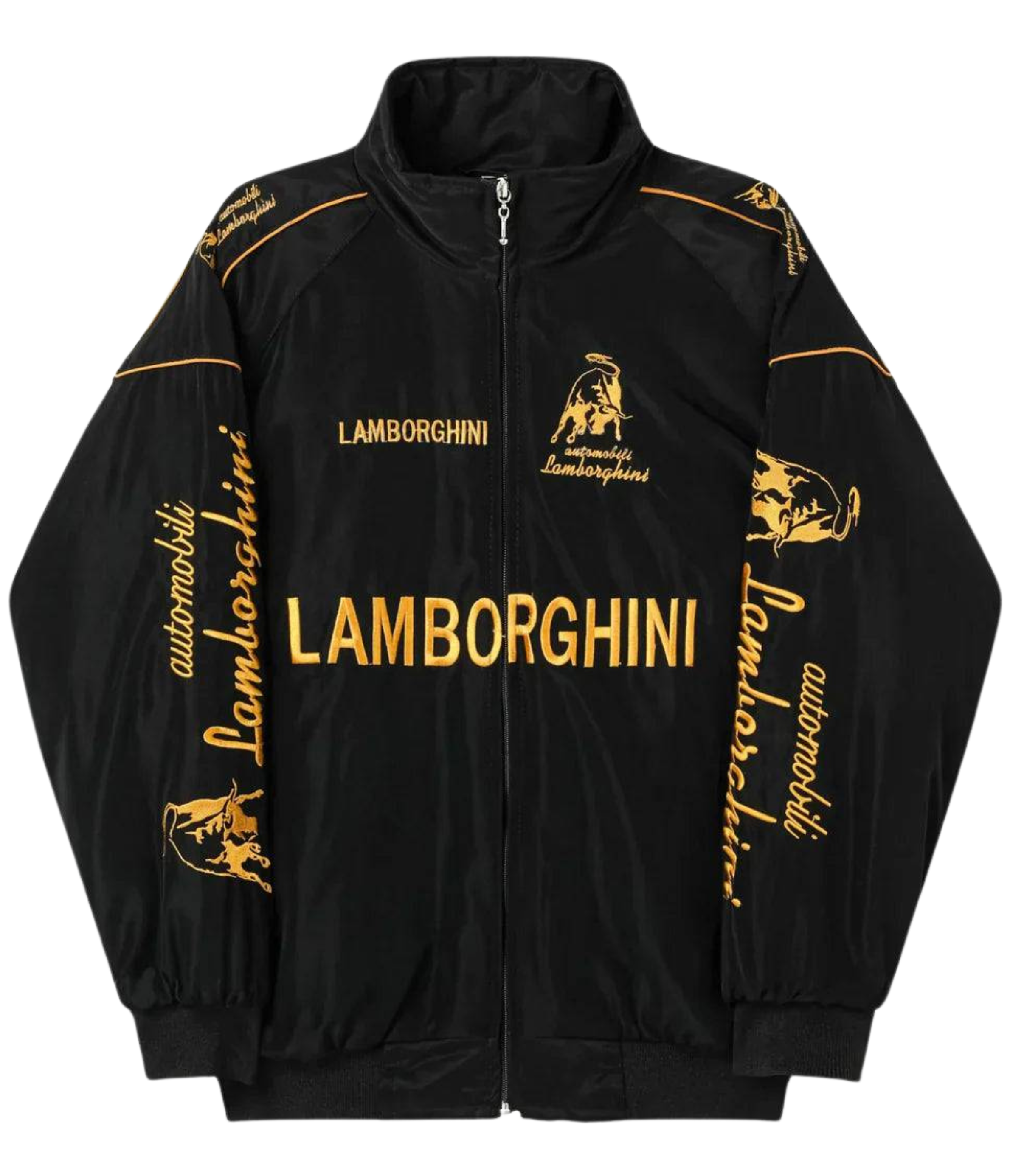 The Lamborghini Vintage Racing Jacket in black features gold embroidered Lamborghini logos and bold “Lamborghini” lettering on the front, sleeves, and shoulders—a perfect retro racing jacket for motorsport enthusiasts.