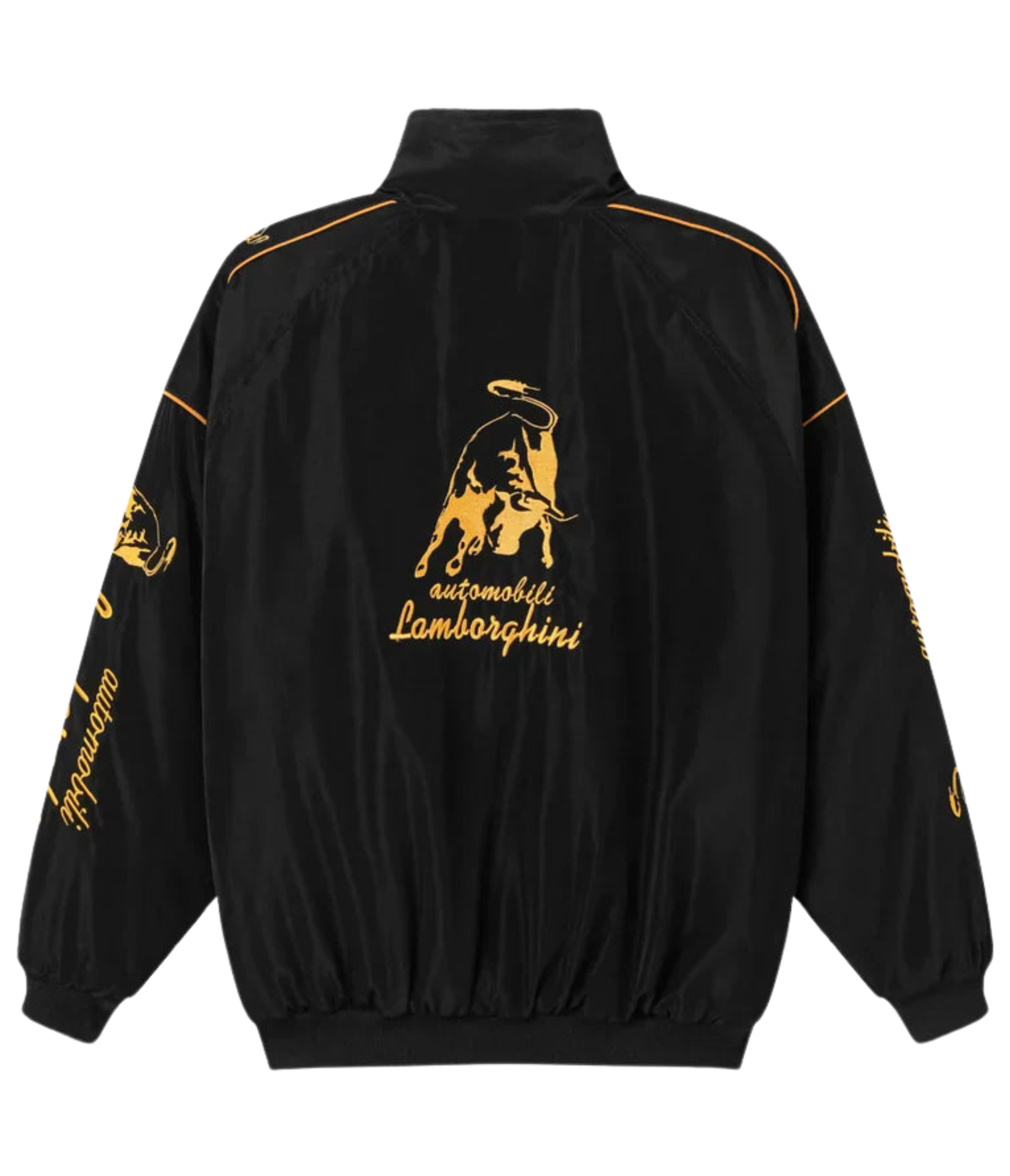 The Lamborghini Vintage Racing Jacket features black fabric, yellow embroidered logos, and a striking bull emblem—ideal for motorsport fans wanting retro racing style with standout branding on the sleeves, shoulders, and back.